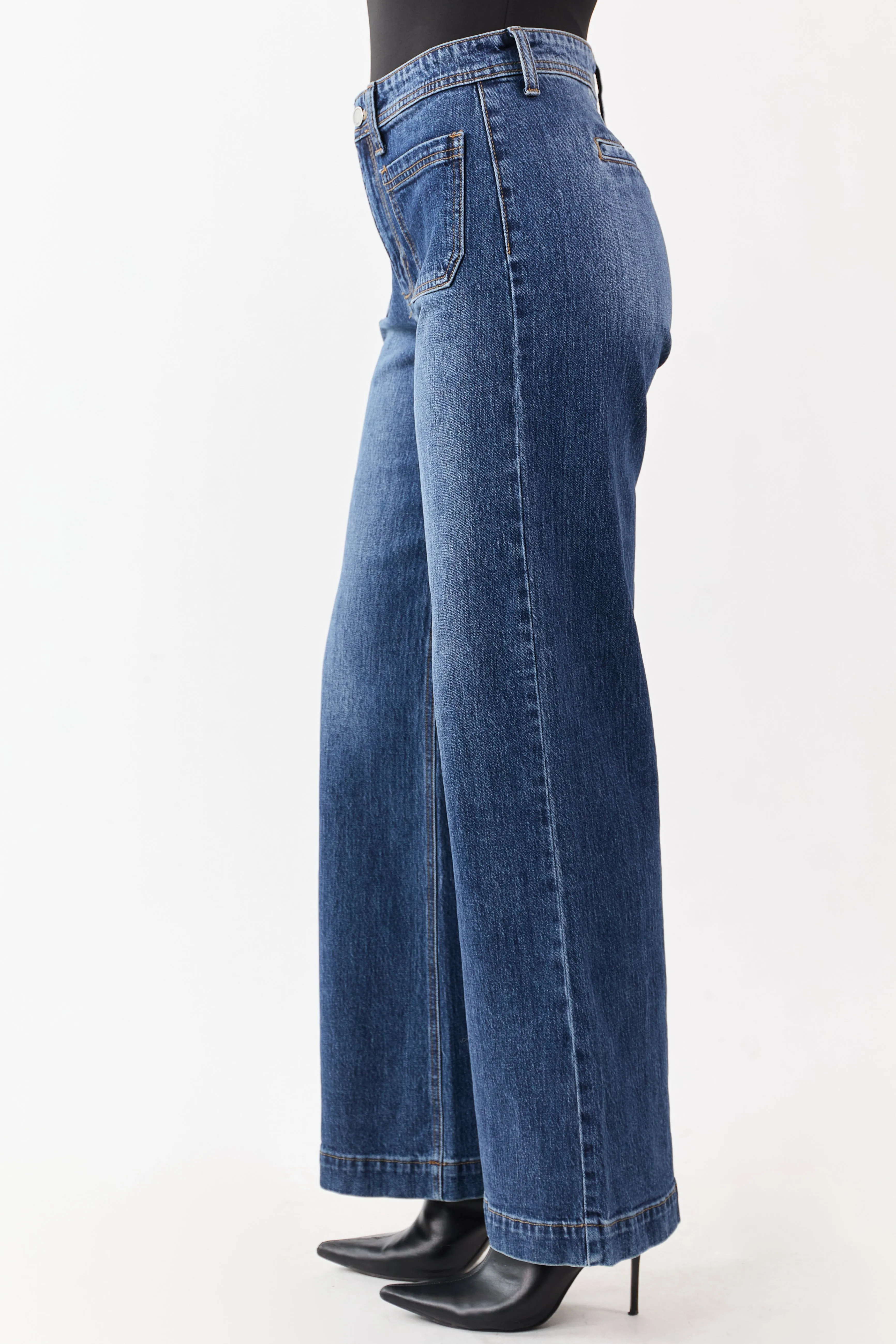 Dark Wash Patch Pocket High Rise Wide Leg Jeans sold by Lime Lush product image thumbnail 3