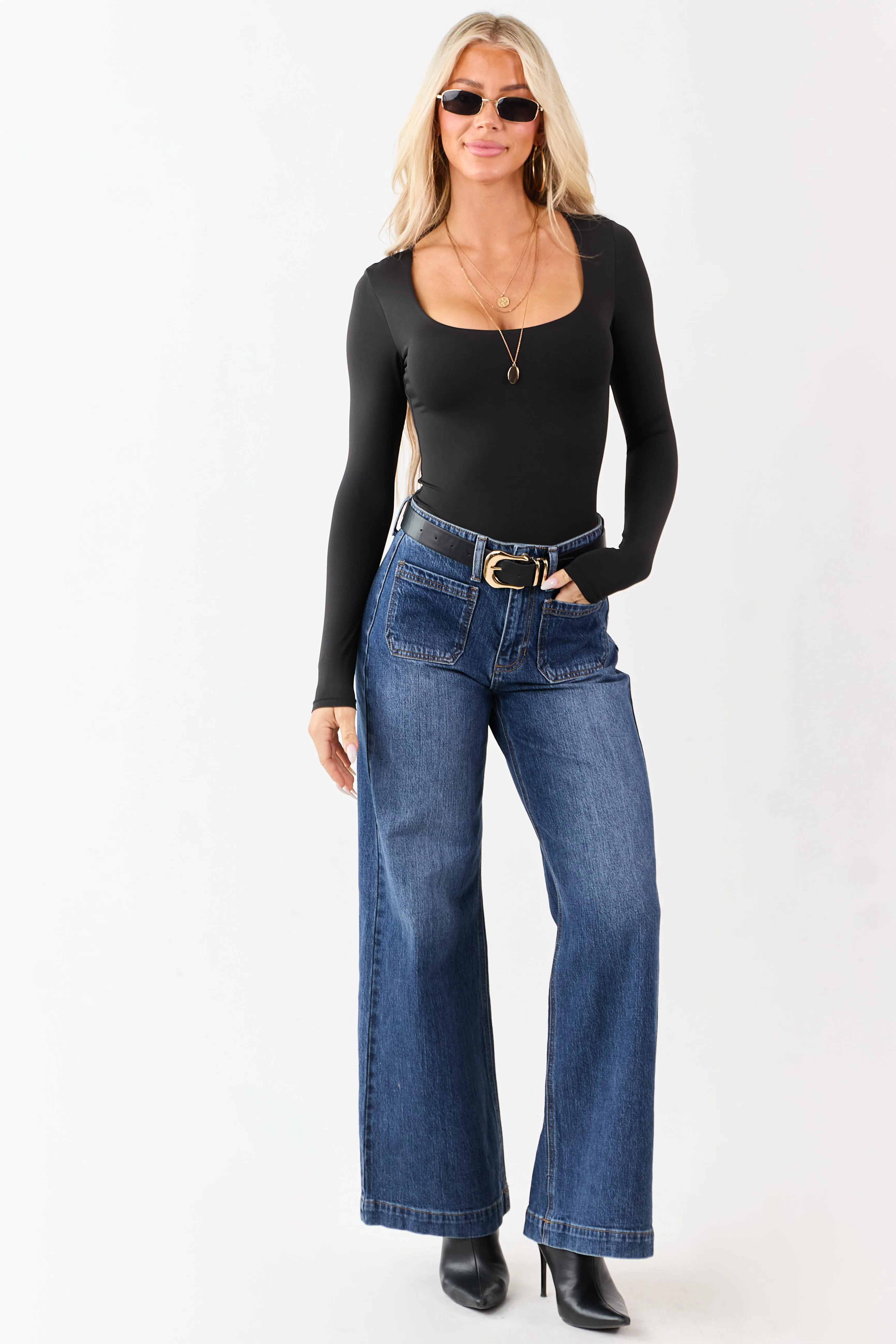 Dark Wash Patch Pocket High Rise Wide Leg Jeans sold by Lime Lush product image thumbnail 5