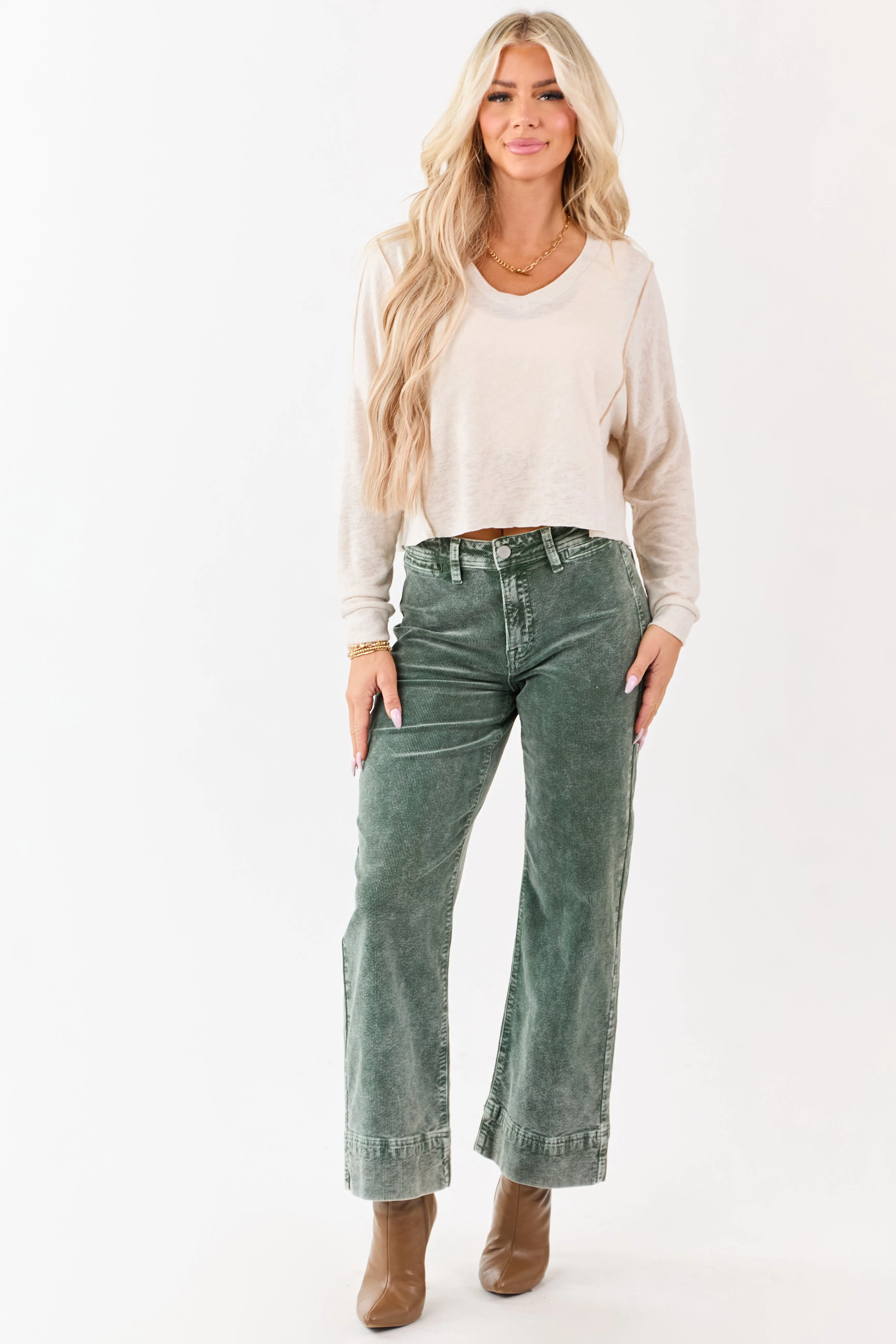 Risen Juniper Mineral Washed Corduroy Relaxed Pants sold by Lime Lush
