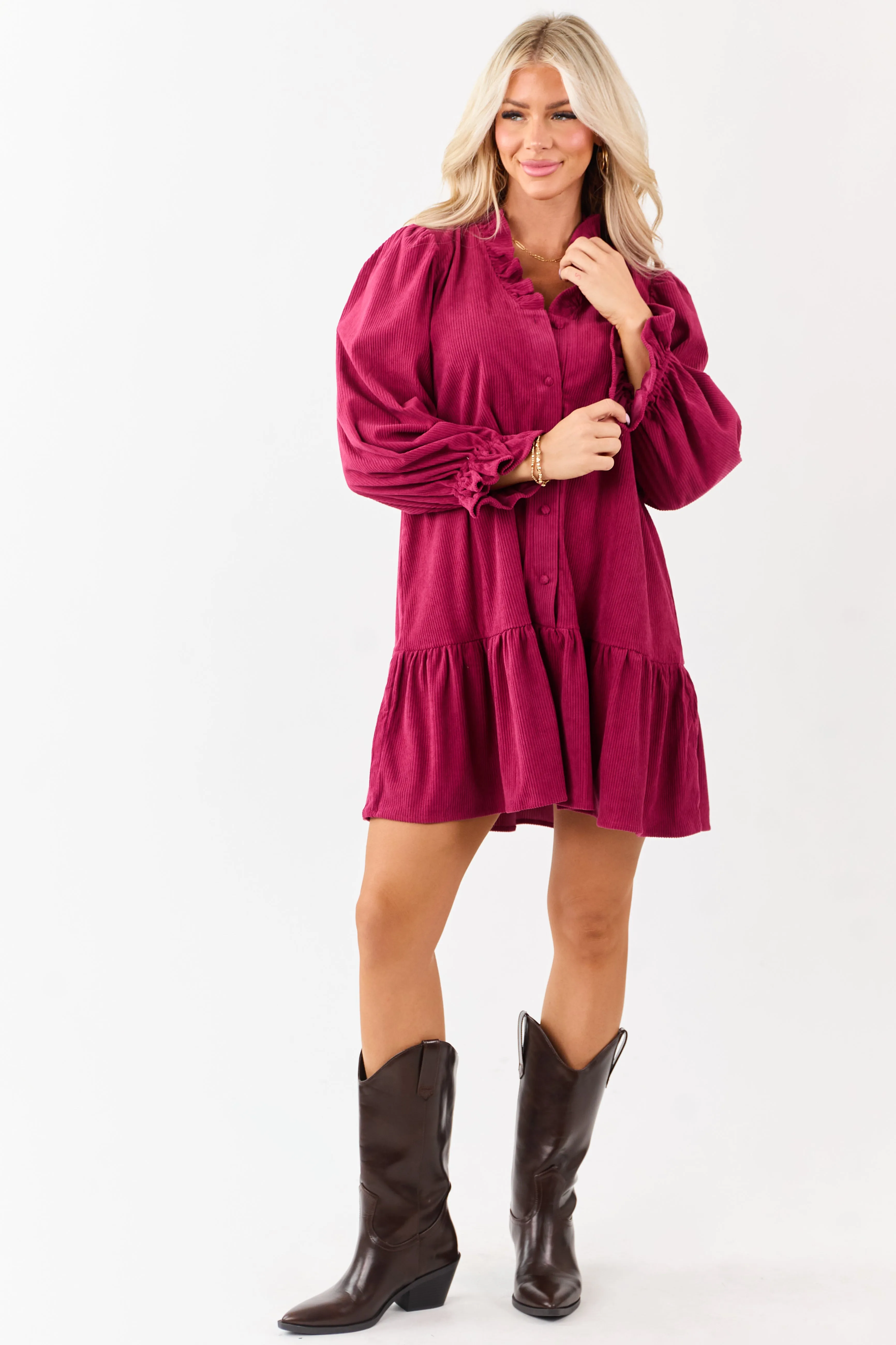 Raspberry Corduroy Button Down Ruffle Mini Dress sold by Lime Lush product image thumbnail 3