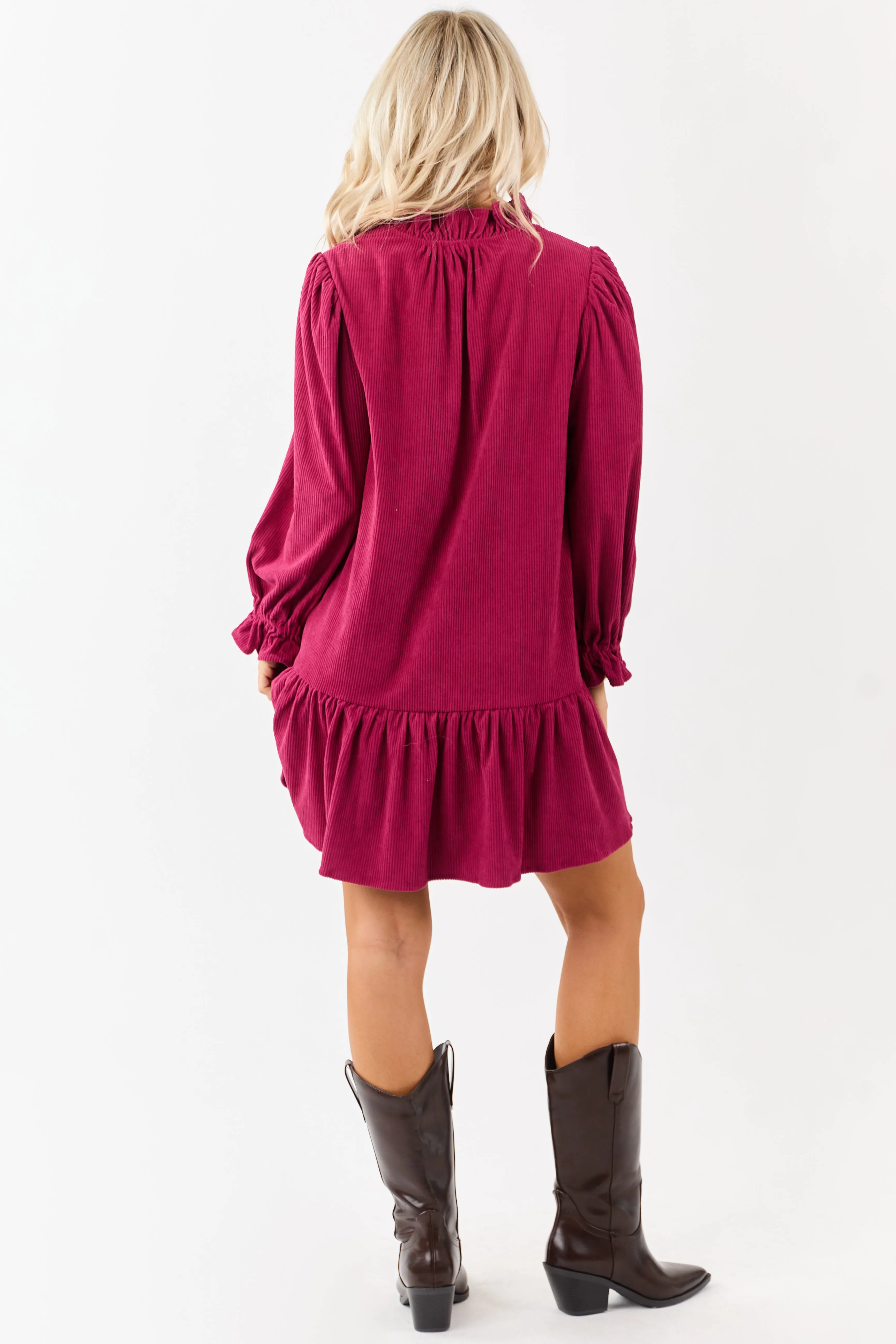 Raspberry Corduroy Button Down Ruffle Mini Dress sold by Lime Lush product image thumbnail 5