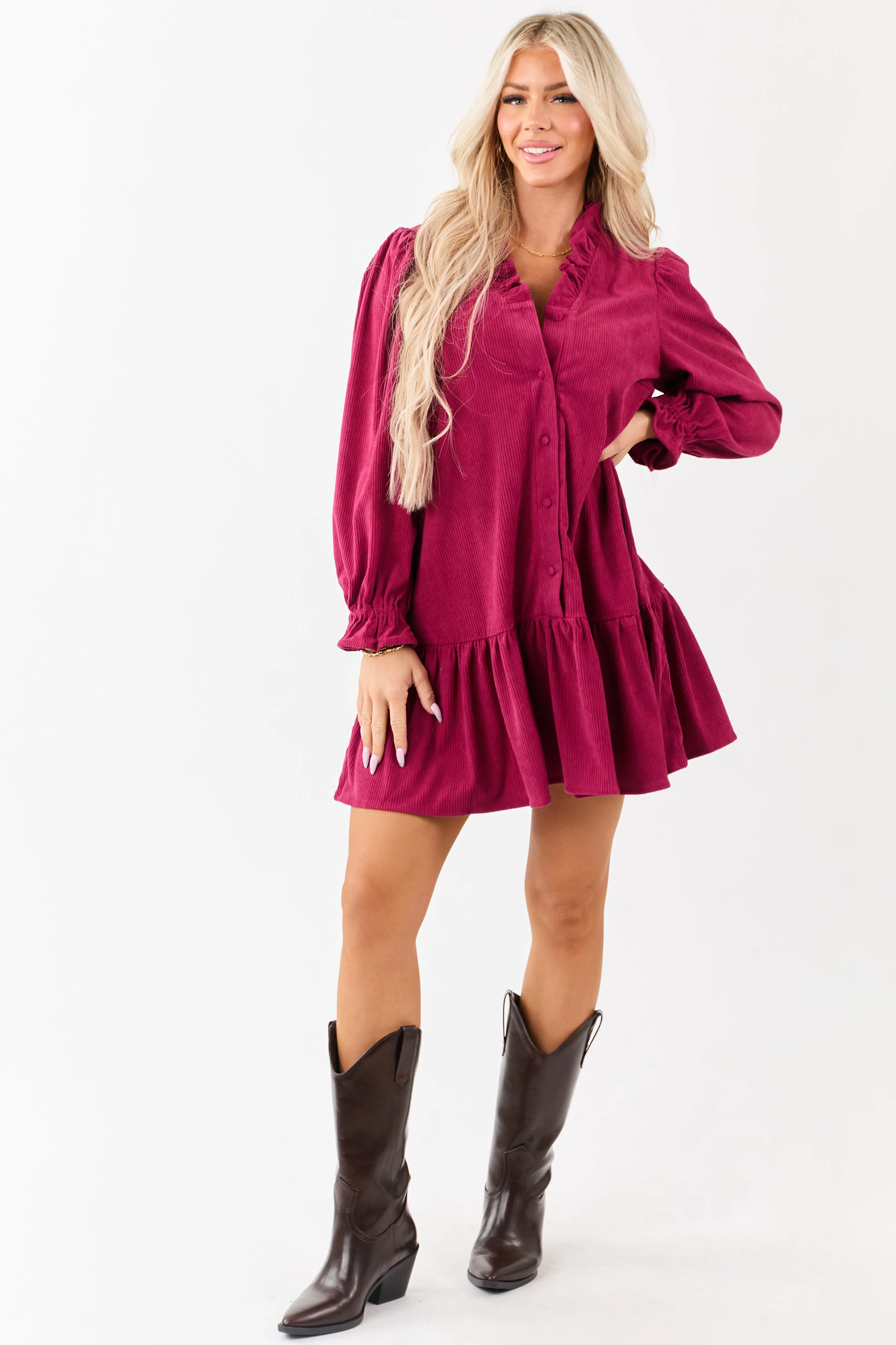 Raspberry Corduroy Button Down Ruffle Mini Dress sold by Lime Lush