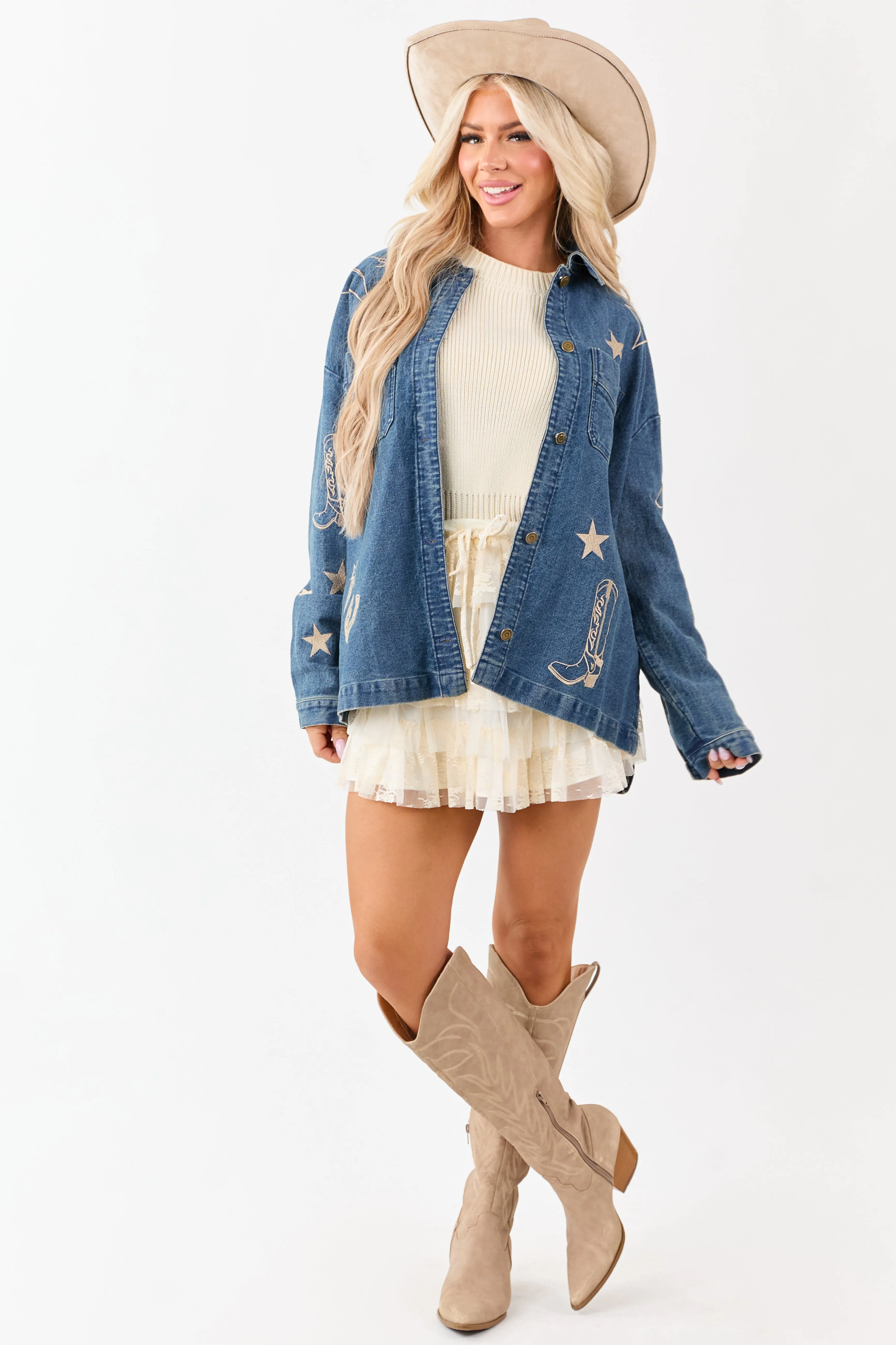 Dark Wash Denim Western Embroidered Shacket sold by Lime Lush product image thumbnail 3