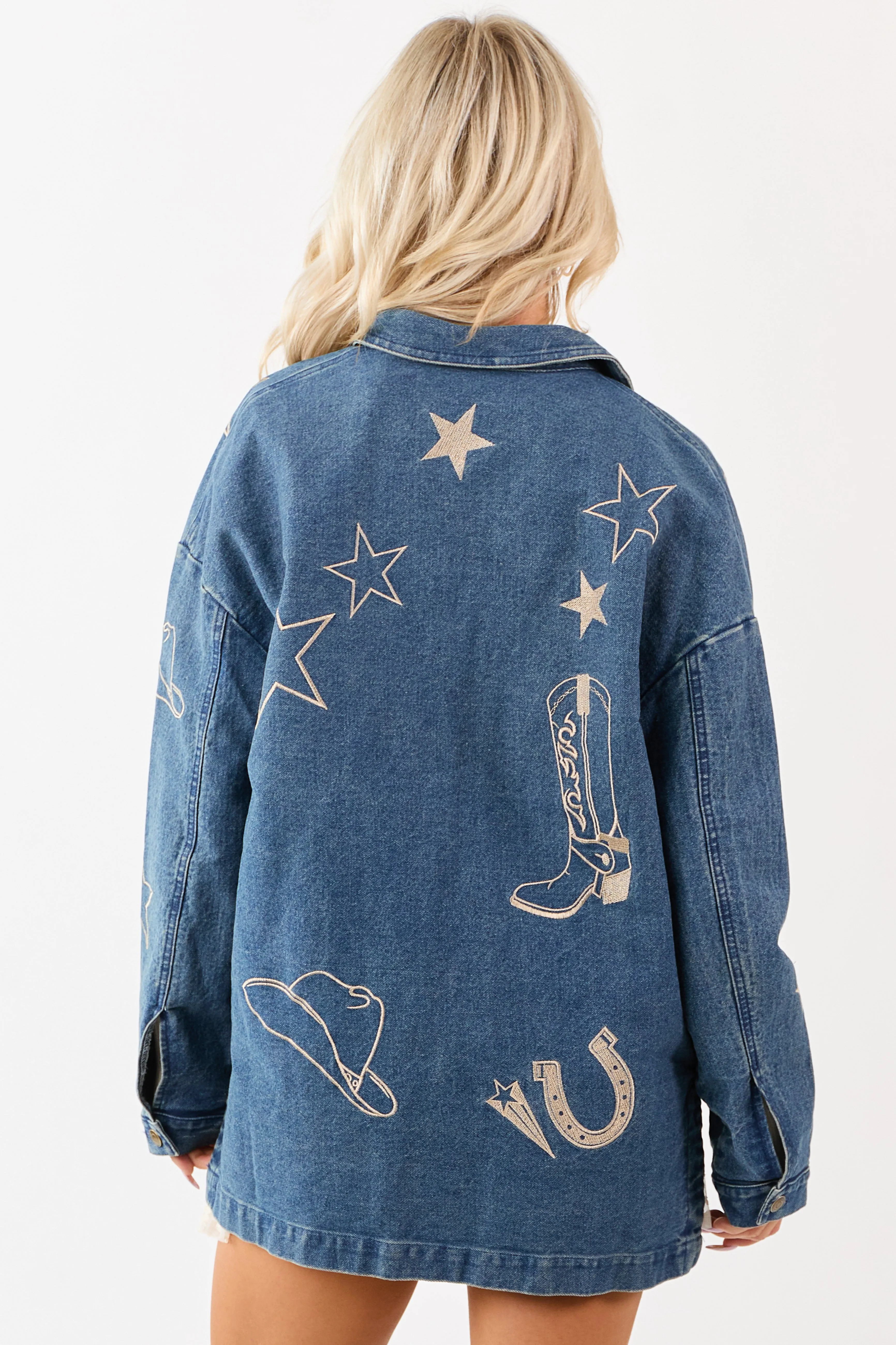 Dark Wash Denim Western Embroidered Shacket sold by Lime Lush product image thumbnail 2
