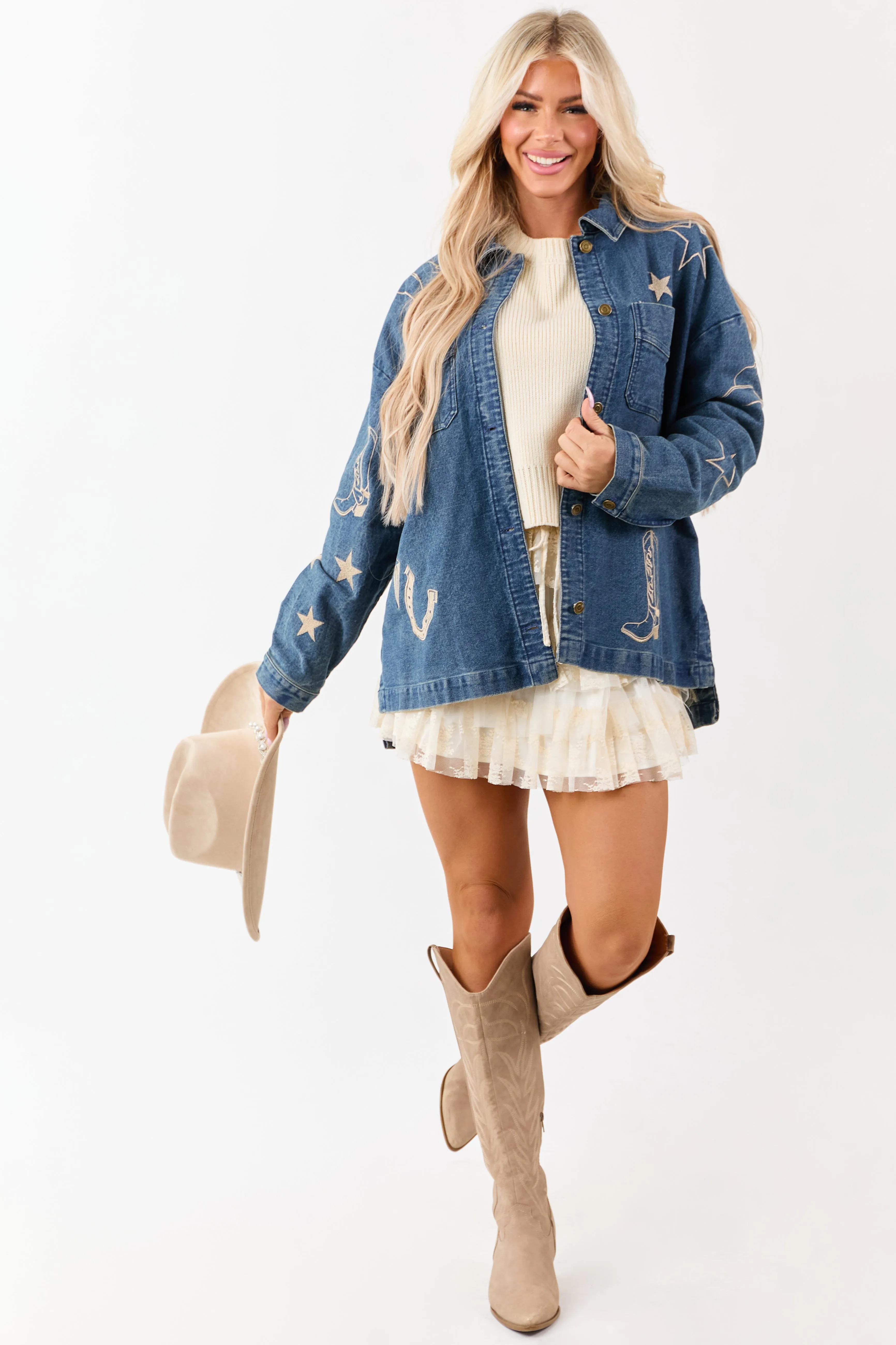 Dark Wash Denim Western Embroidered Shacket sold by Lime Lush product image thumbnail 4