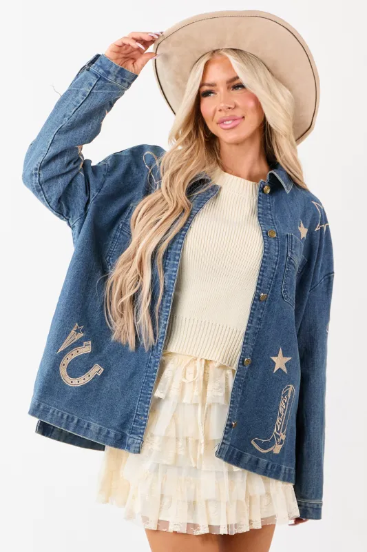 Dark Wash Denim Western Embroidered Shacket sold by Lime Lush