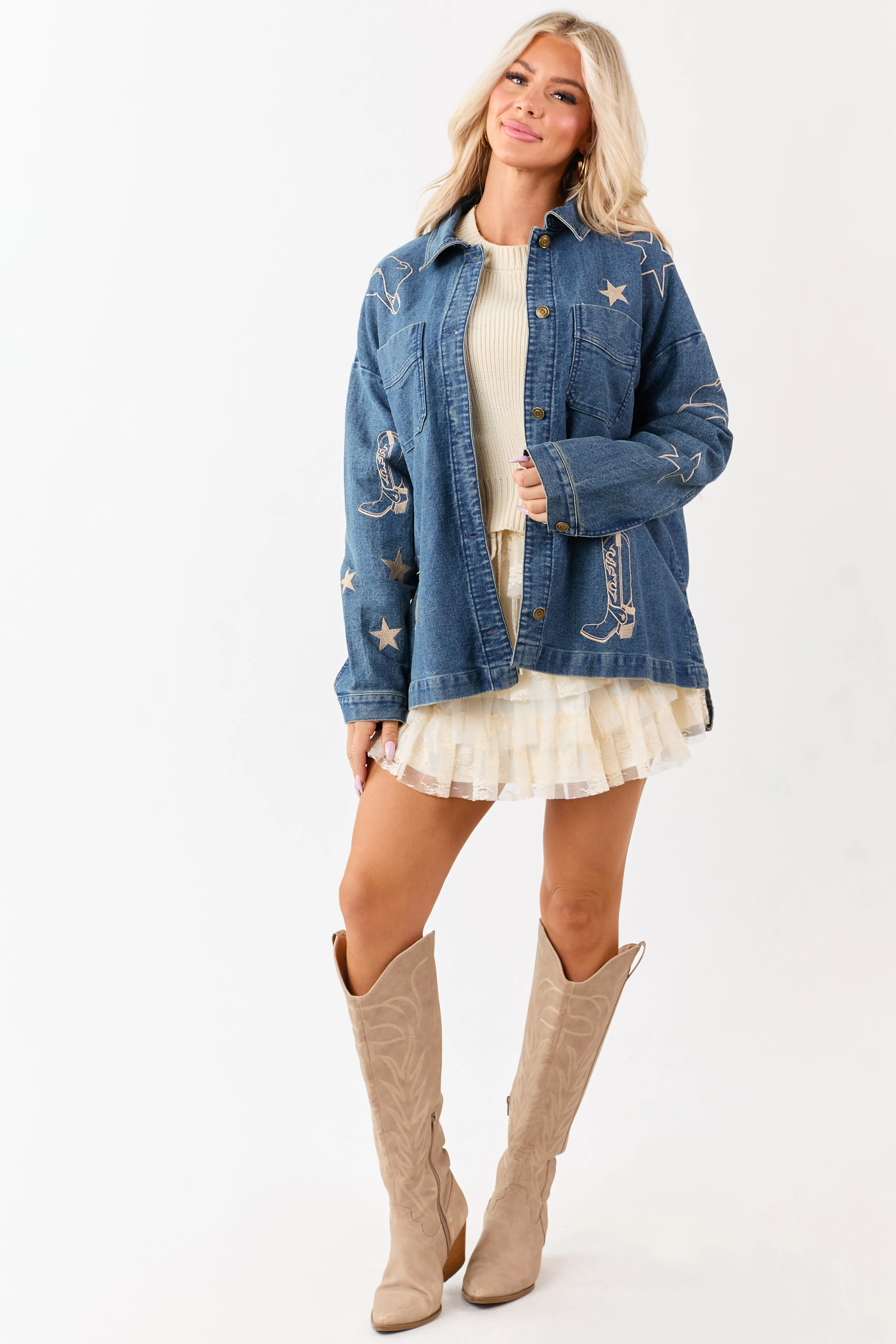 Dark Wash Denim Western Embroidered Shacket sold by Lime Lush product image thumbnail 5