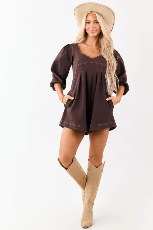 Cocoa Puff Sleeve Contrast Stitch Denim Romper sold by Lime Lush