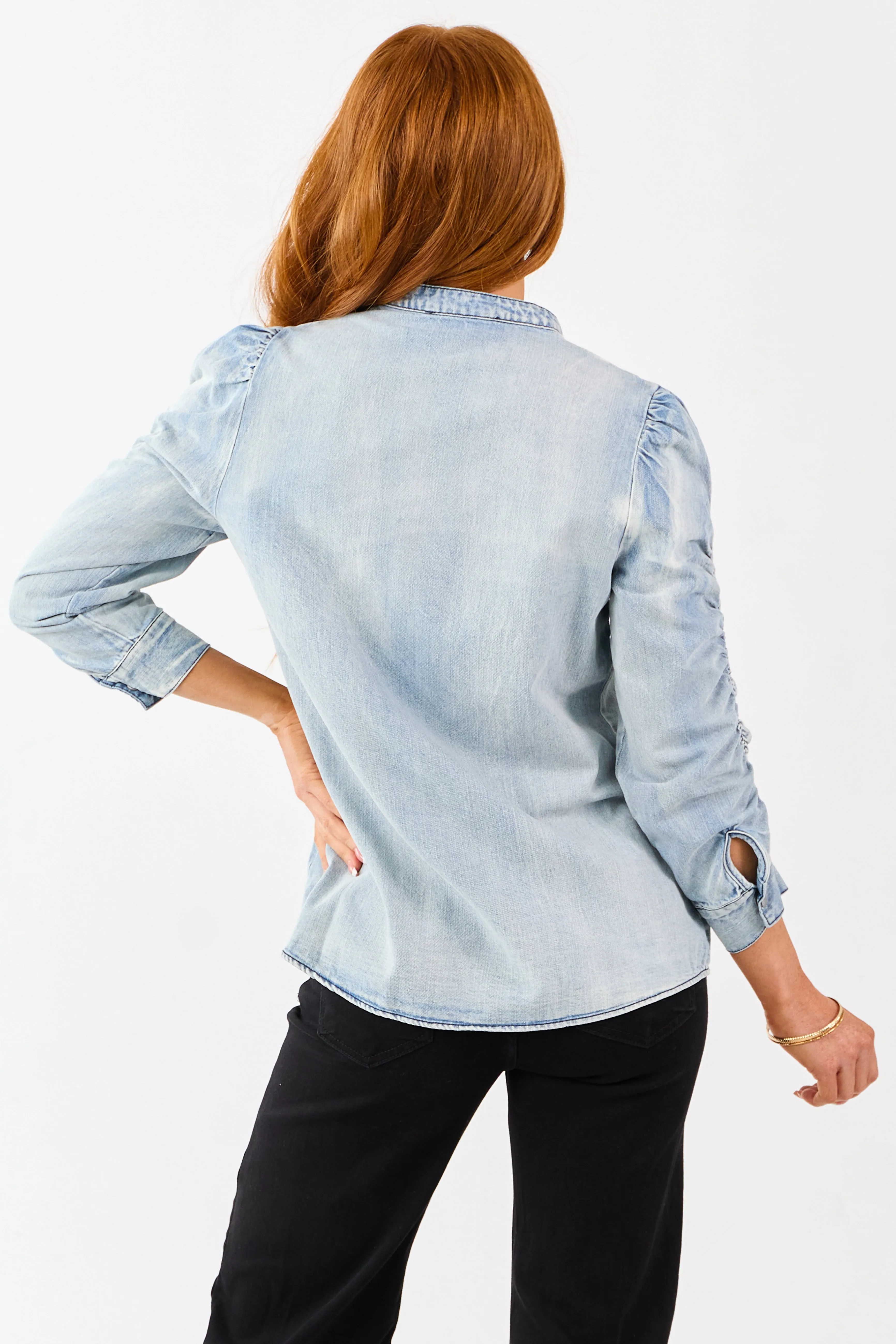Light Wash Denim Shirred 3/4 Sleeve Button Down Top sold by Lime Lush product image thumbnail 5