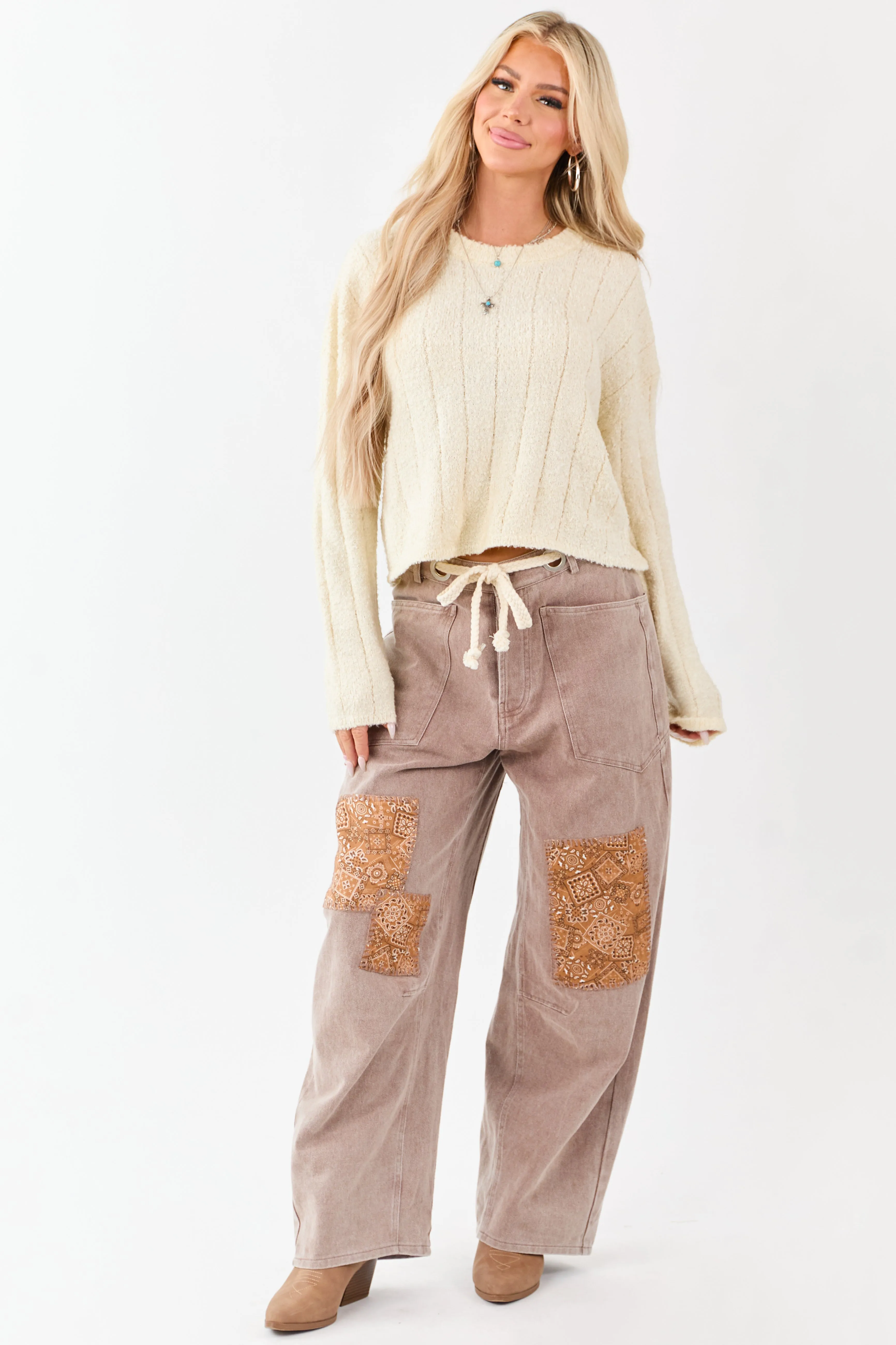 Cream Rib Texture Crew Neck Pullover Sweater sold by Lime Lush product image thumbnail 2