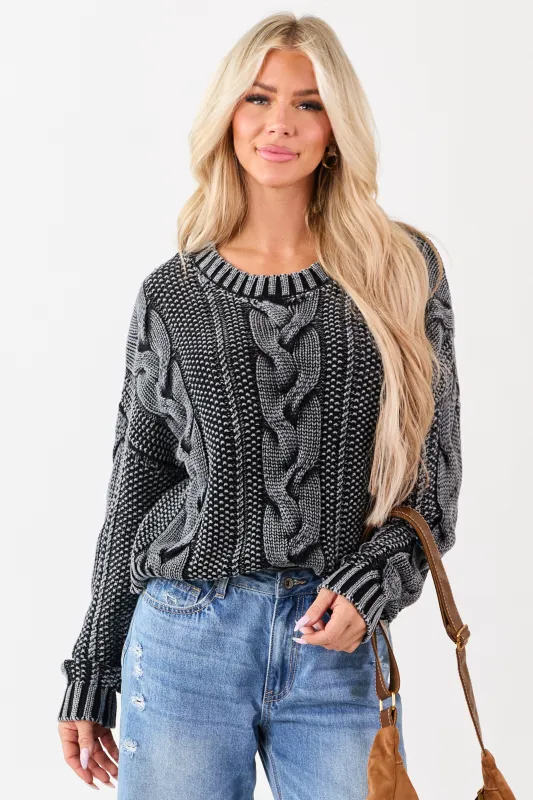 Charcoal Washed Cotton Cable Knit Pullover Sweater sold by Lime Lush