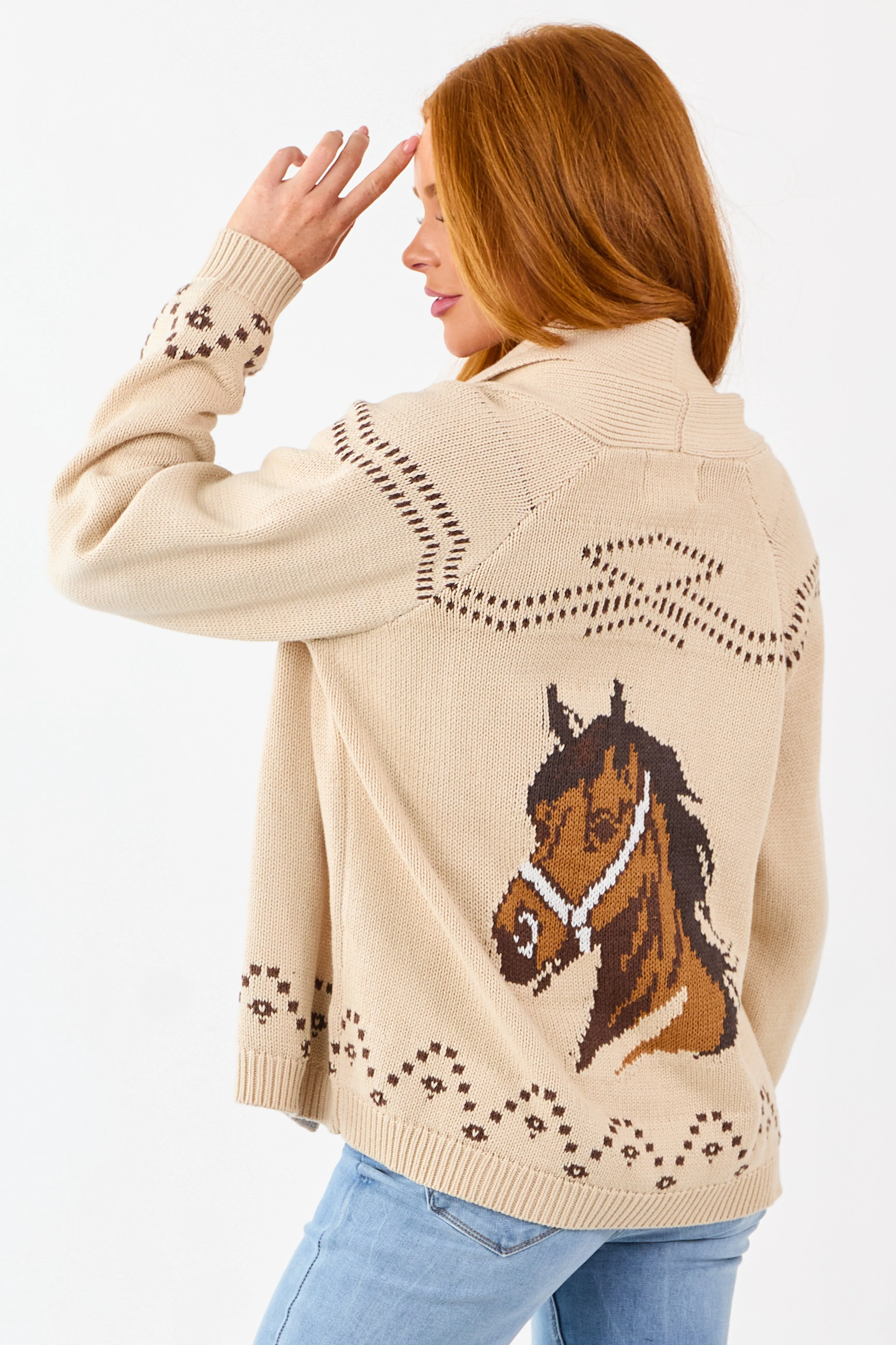 Beige Horse Graphic Shawl Collar Open Front Cardigan sold by Lime Lush