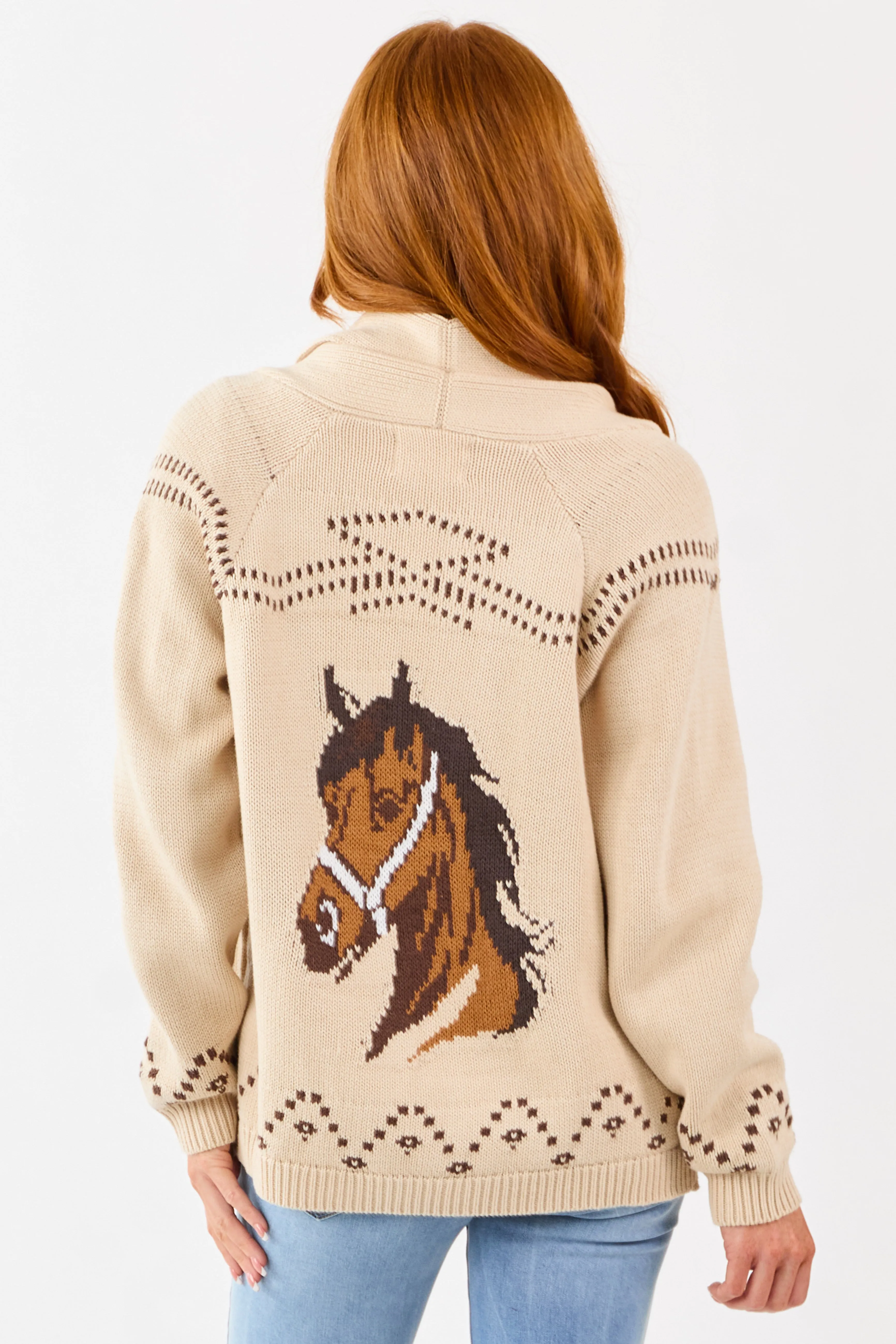 Beige Horse Graphic Shawl Collar Open Front Cardigan sold by Lime Lush product image thumbnail 5