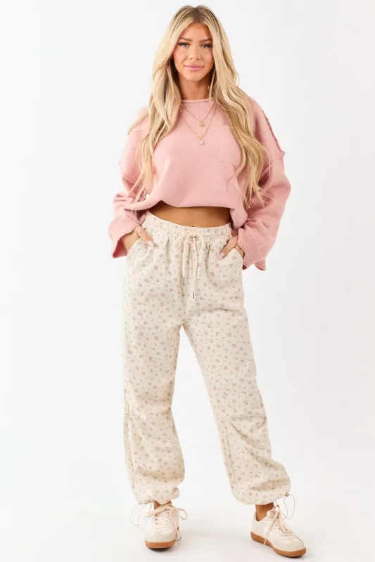 Cream Floral Drawstring Waist Denim Parachute Pants sold by Lime Lush