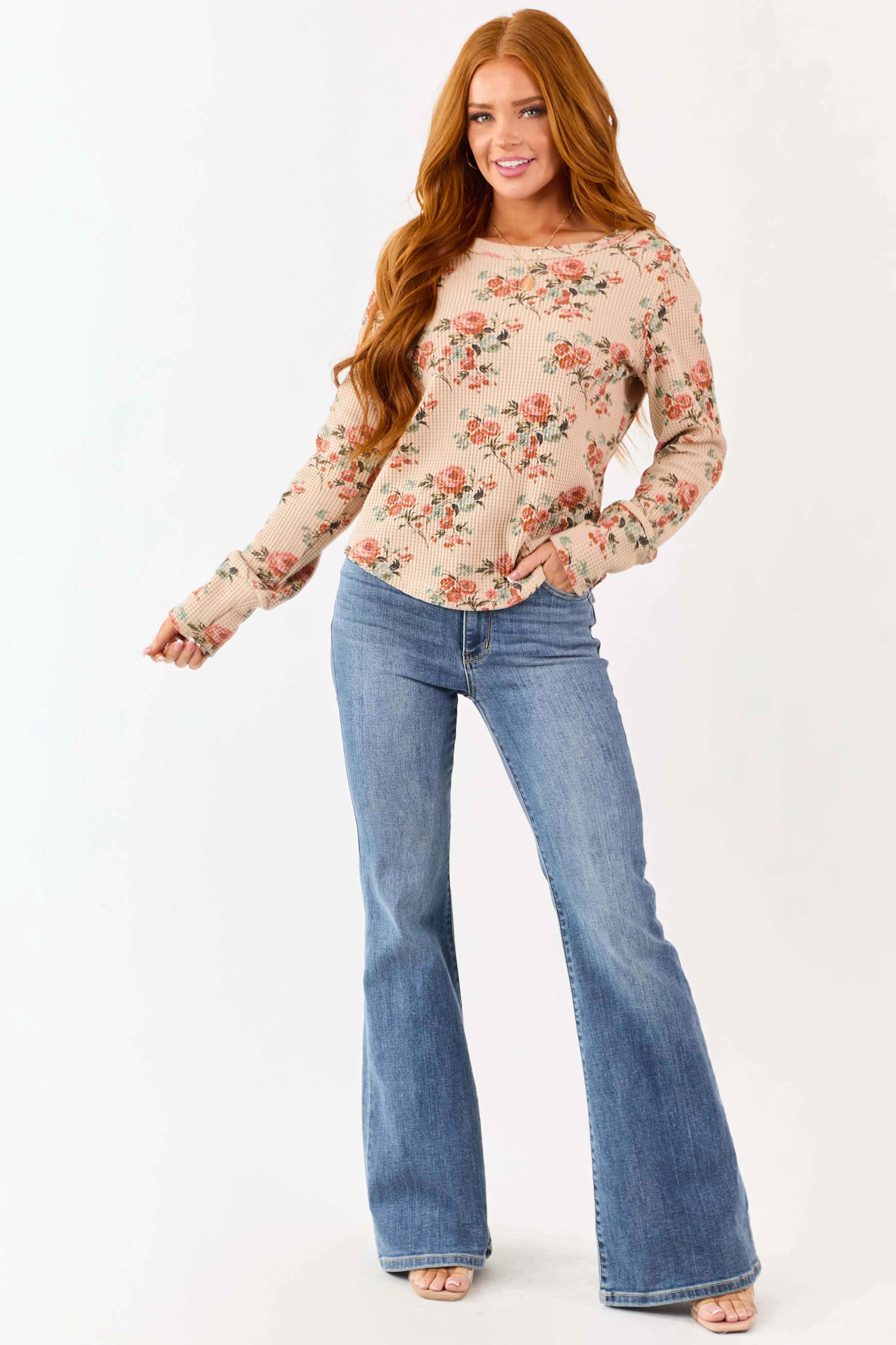 Beige Rose Print Waffle Knit Long Sleeve Top sold by Lime Lush product image thumbnail 2