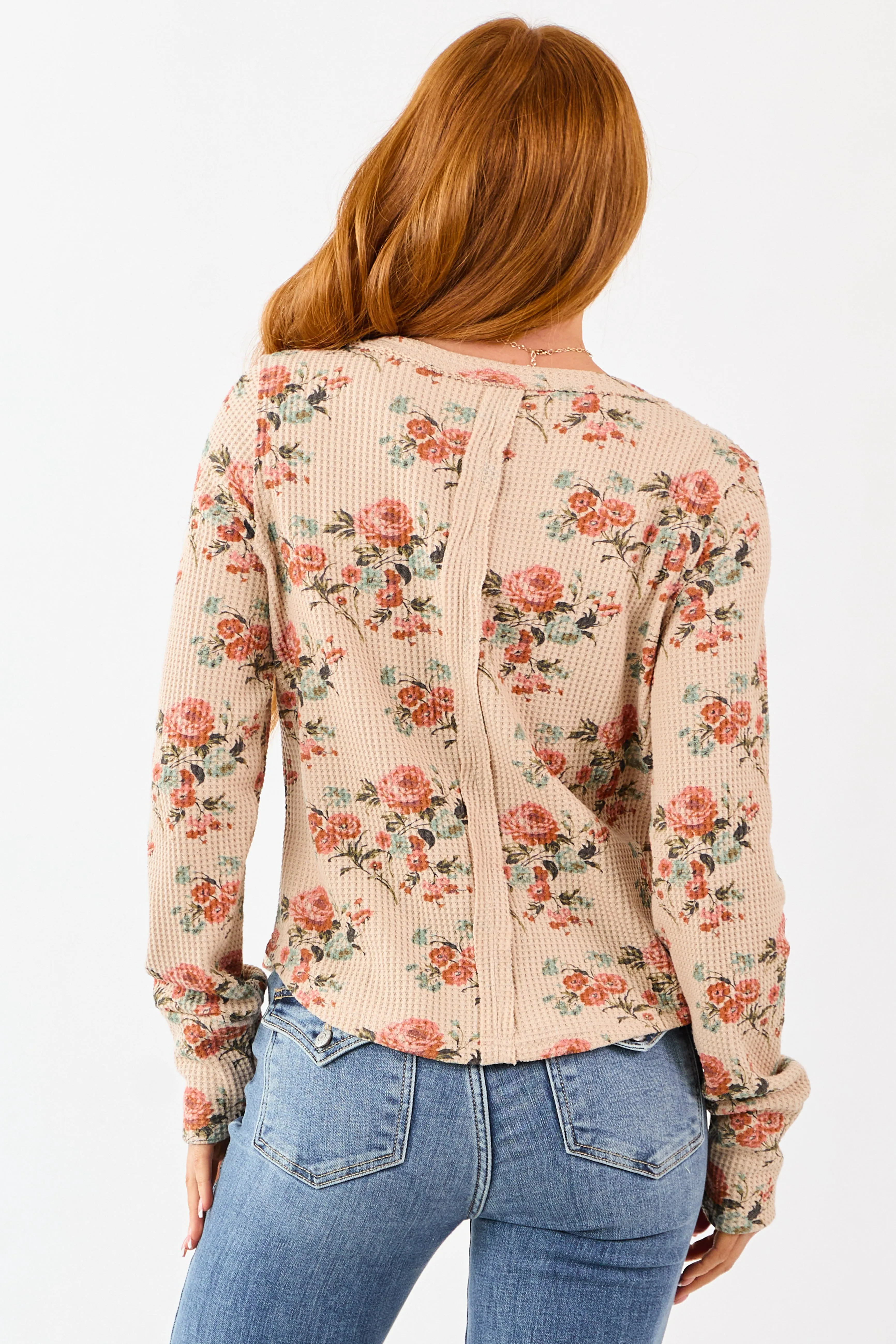 Beige Rose Print Waffle Knit Long Sleeve Top sold by Lime Lush product image thumbnail 5