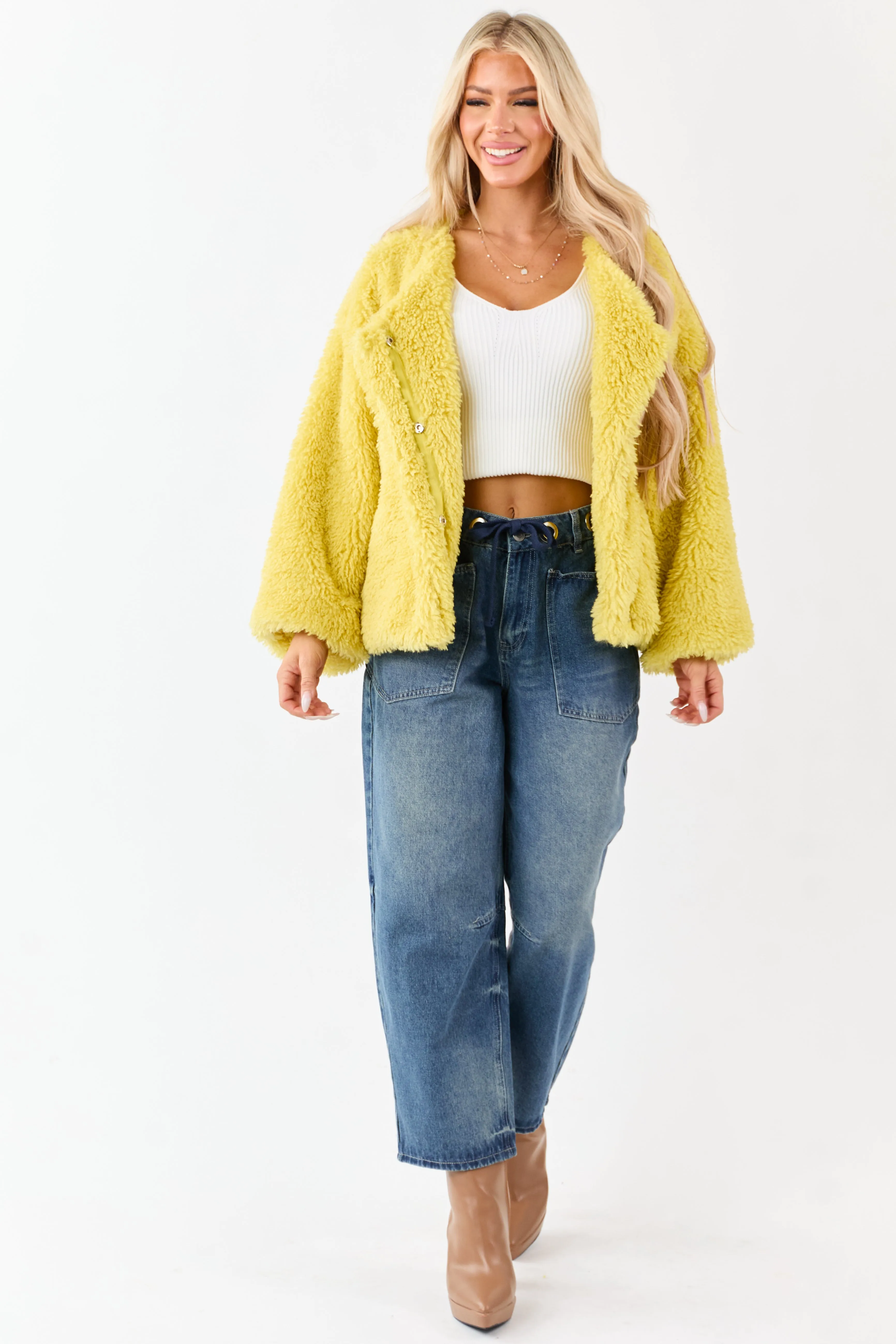 Light Mustard Soft Sherpa Snap Button Up Relaxed Jacket sold by Lime Lush product image thumbnail 4