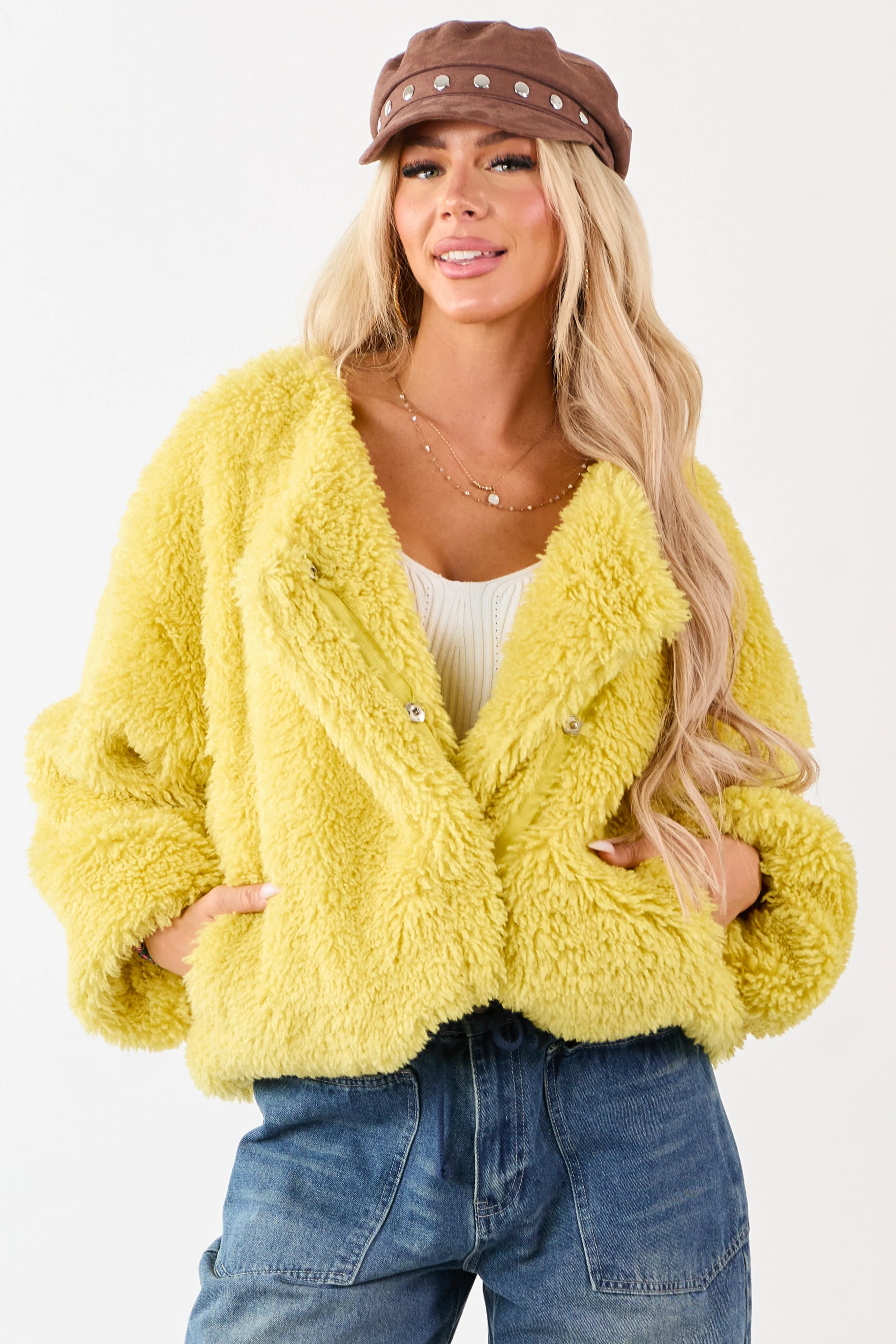 Light Mustard Soft Sherpa Snap Button Up Relaxed Jacket sold by Lime Lush