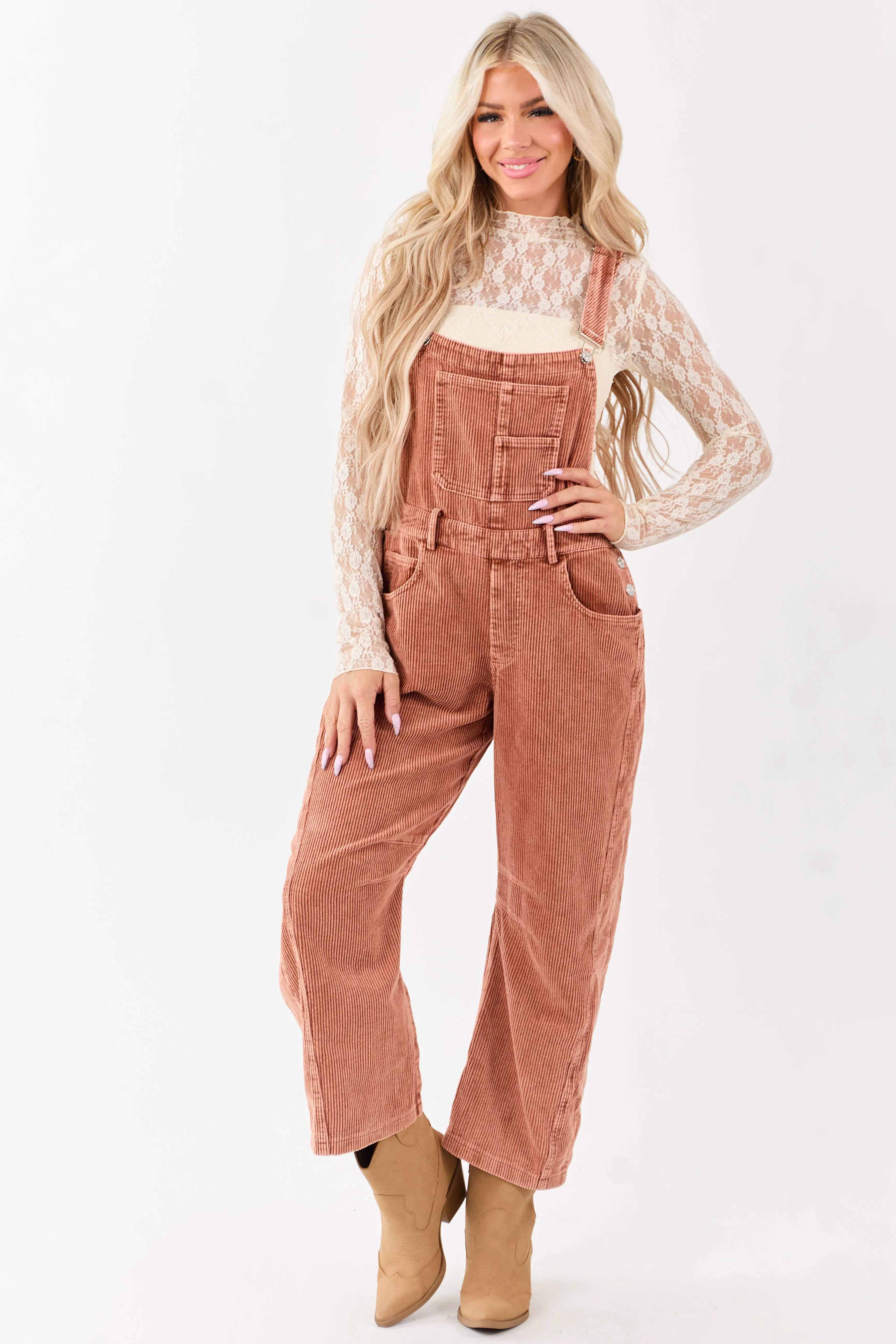 Lovelo Terracotta Corduroy Straight Leg Overalls sold by Lime Lush product image thumbnail 2