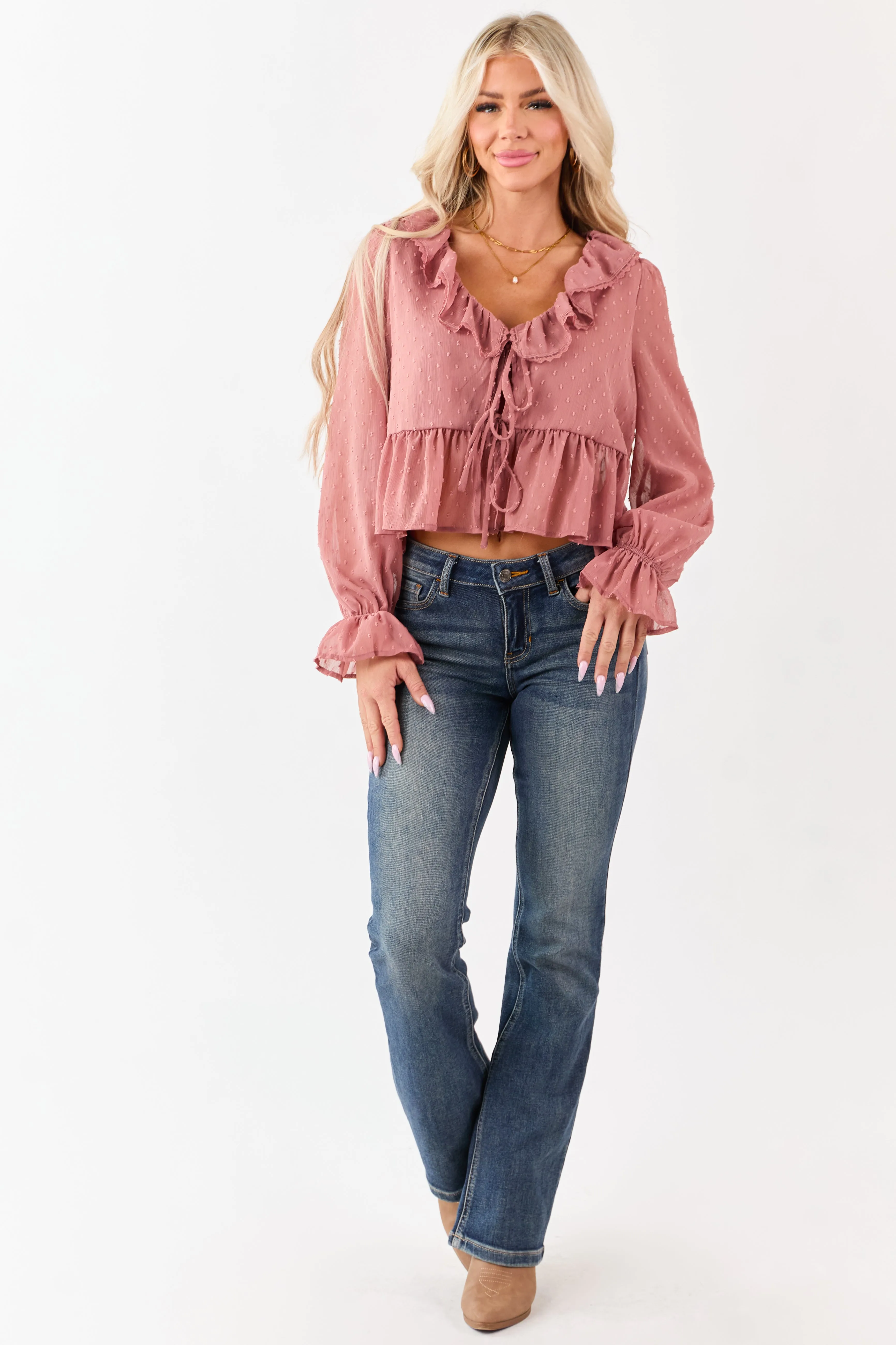 Dusty Rose Swiss Dot Long Sleeve Peplum Blouse sold by Lime Lush product image thumbnail 2