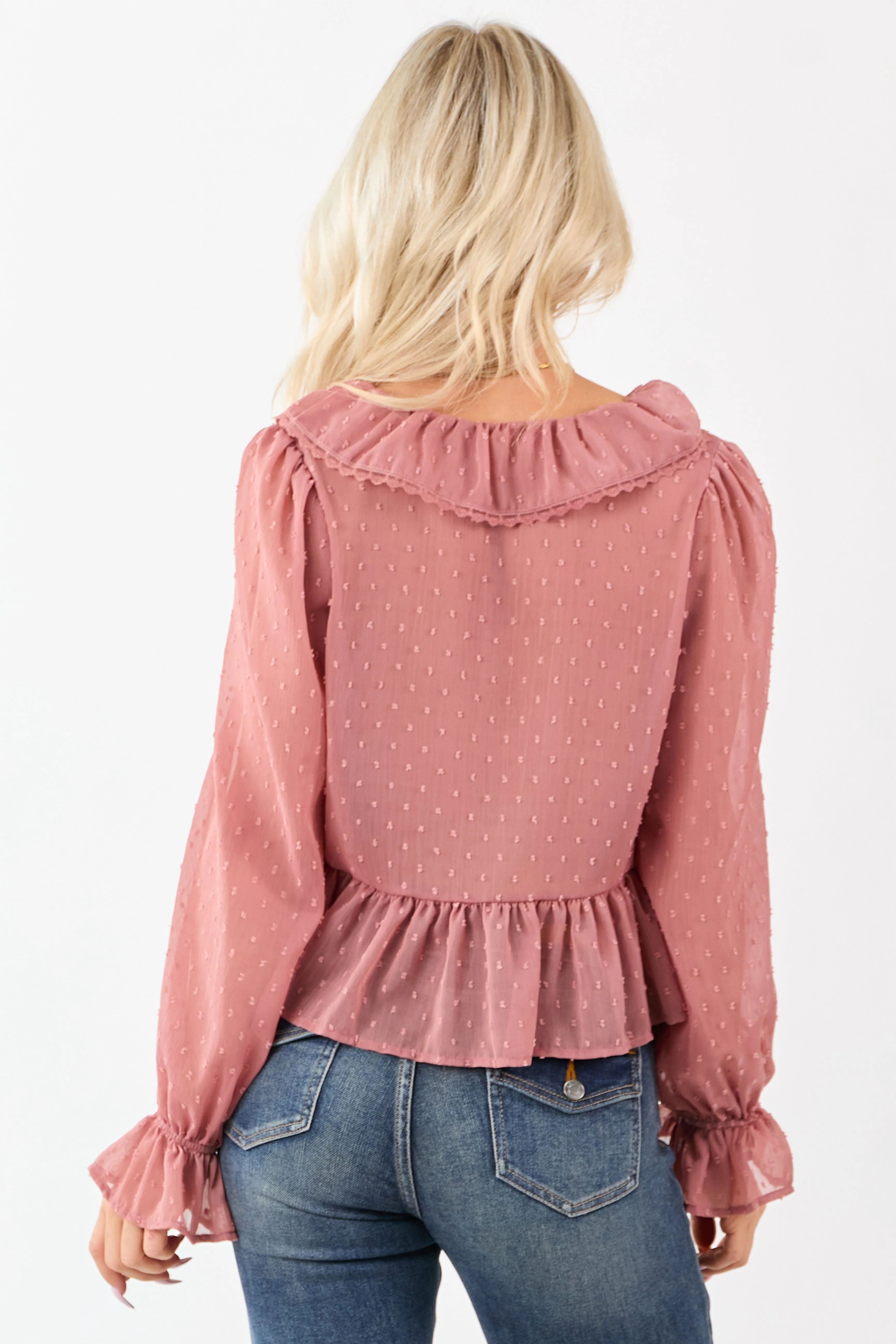 Dusty Rose Swiss Dot Long Sleeve Peplum Blouse sold by Lime Lush product image thumbnail 5