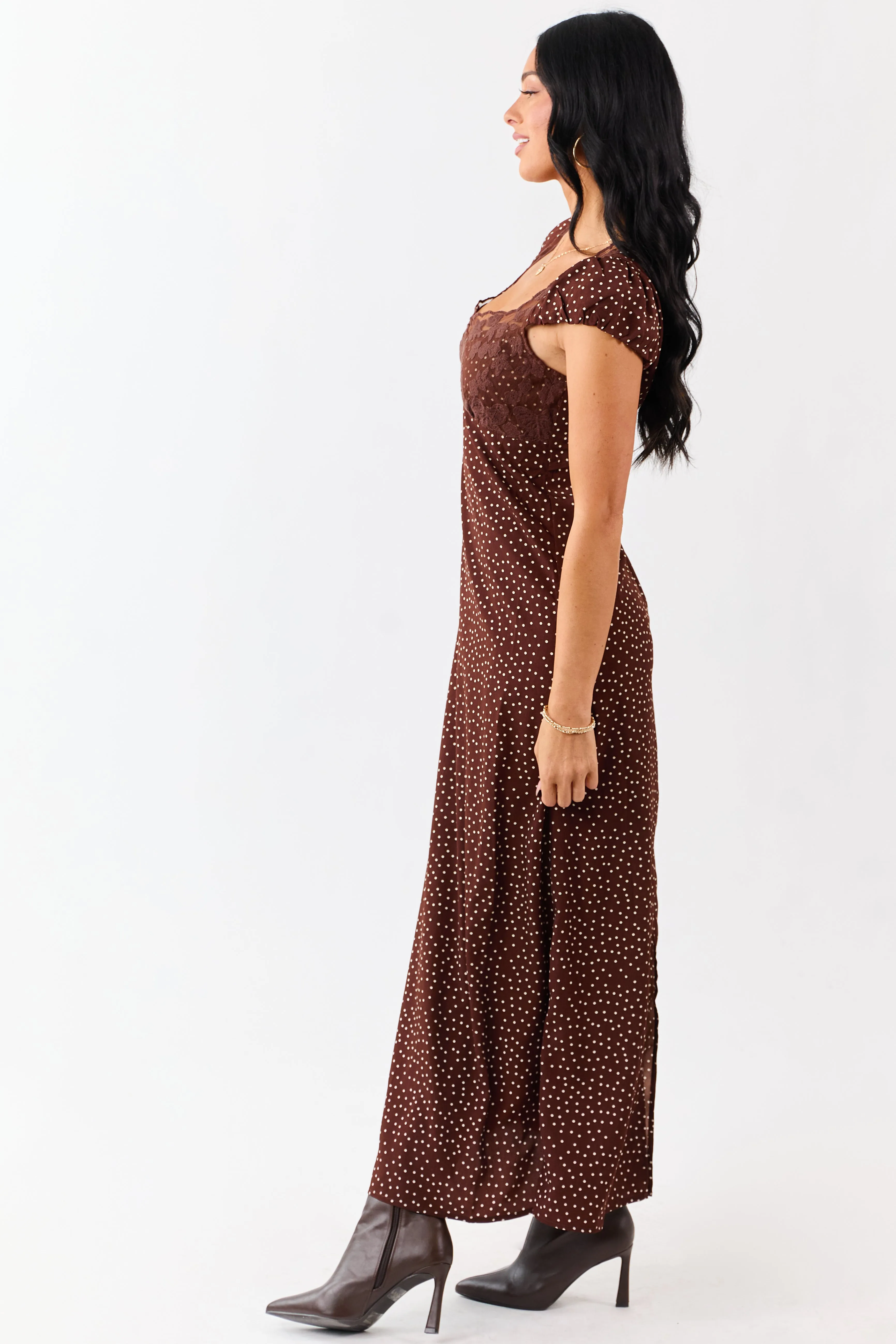 Chocolate Polka Dot Lace Bust Cap Sleeve Maxi Dress sold by Lime Lush product image thumbnail 5