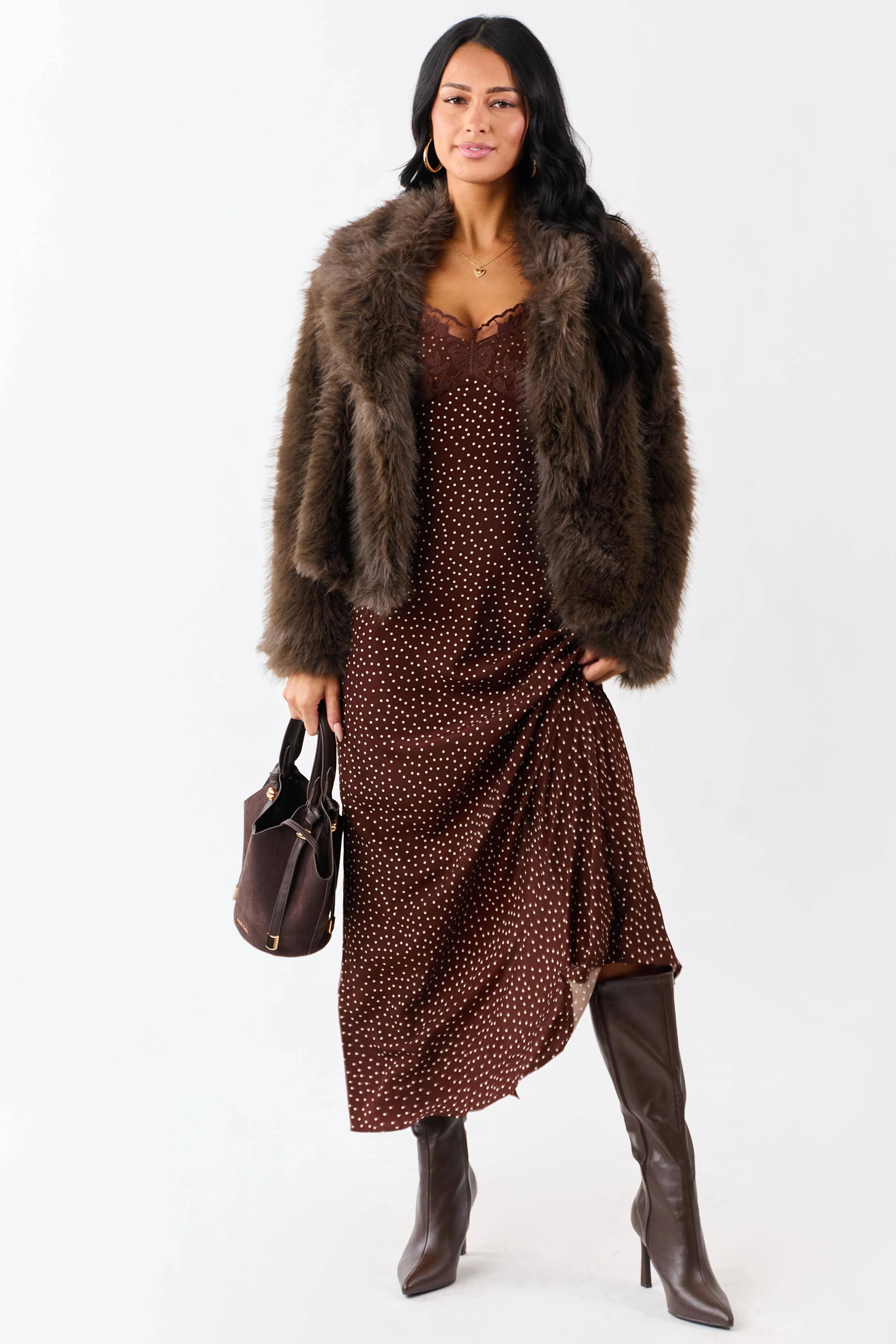 Chocolate Polka Dot Lace Bust Cap Sleeve Maxi Dress sold by Lime Lush product image thumbnail 4