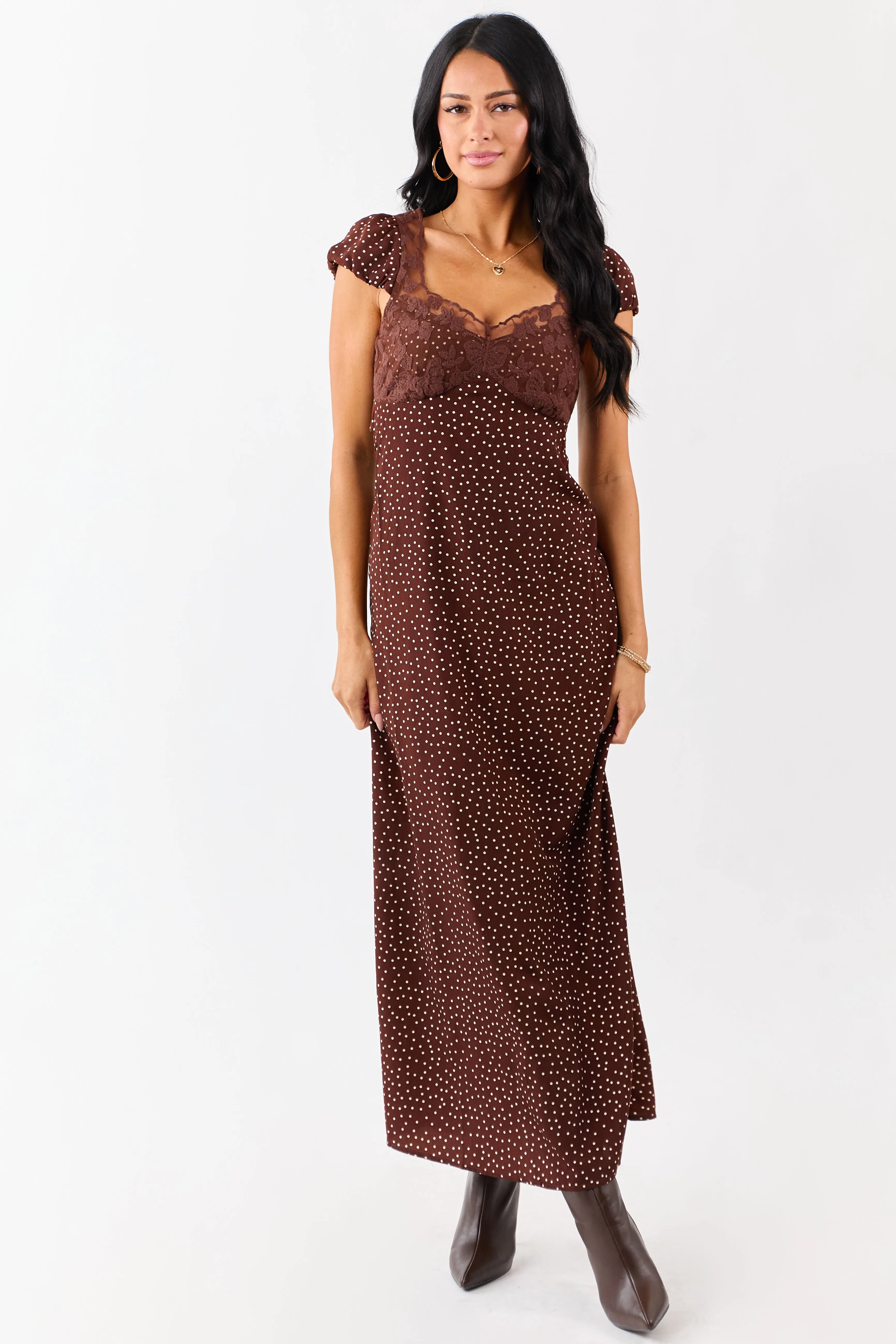 Chocolate Polka Dot Lace Bust Cap Sleeve Maxi Dress sold by Lime Lush product image thumbnail 3