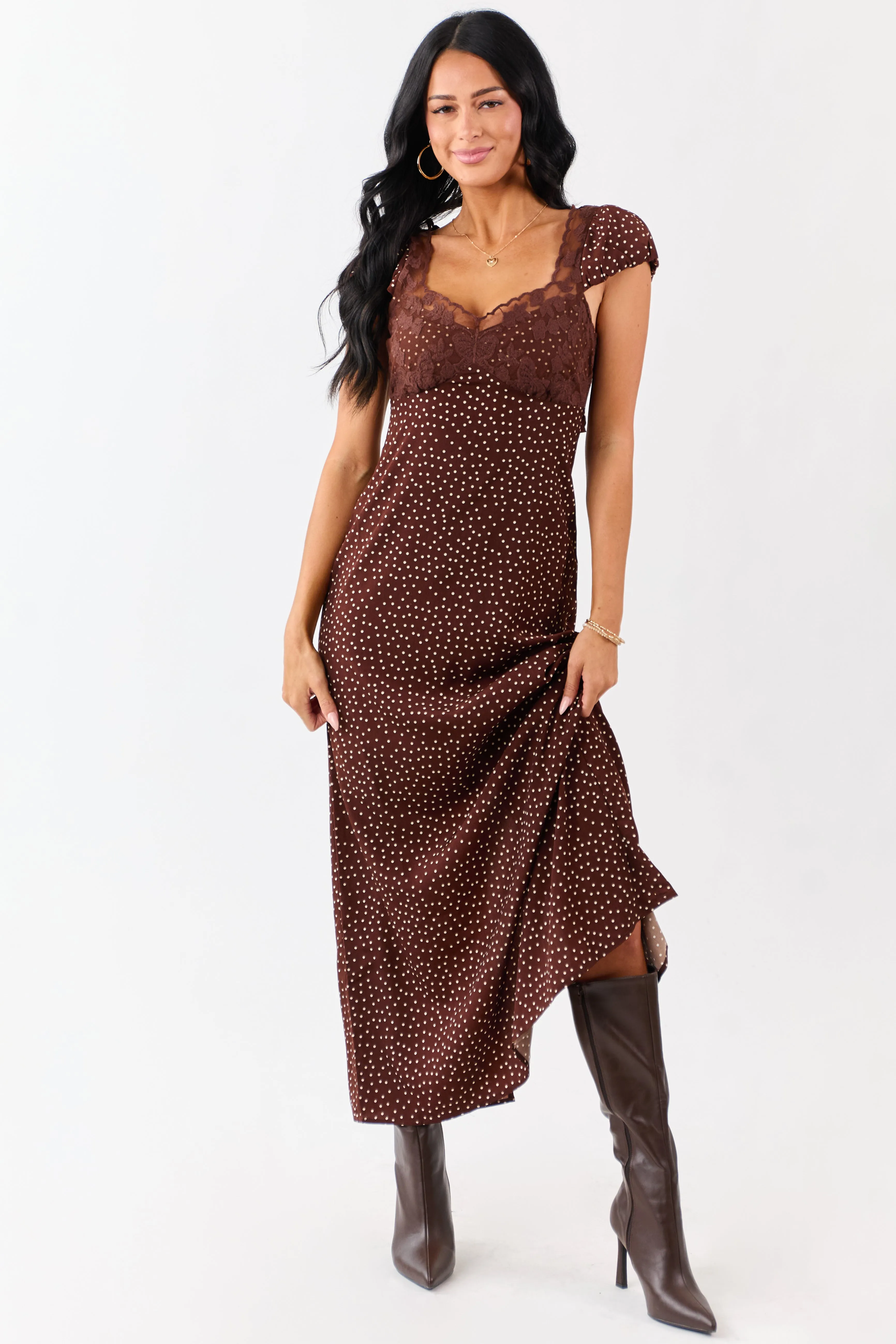 Chocolate Polka Dot Lace Bust Cap Sleeve Maxi Dress sold by Lime Lush