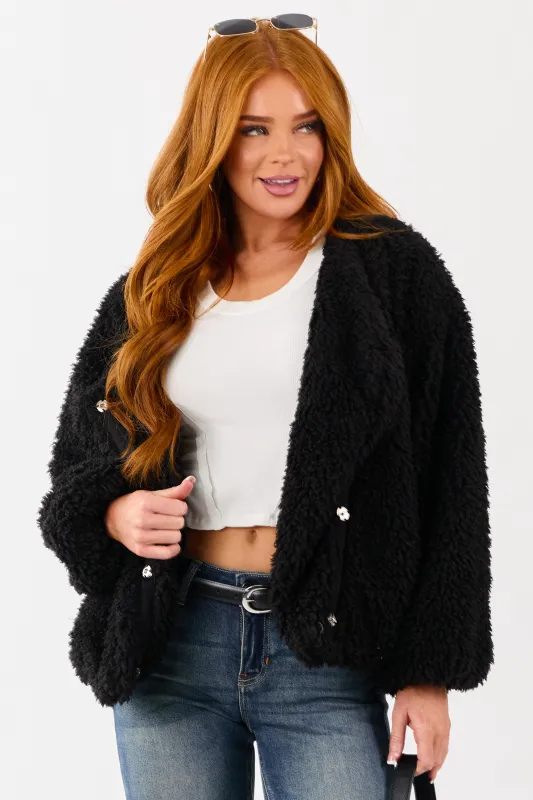 Black Soft Sherpa Snap Button Up Relaxed Jacket sold by Lime Lush