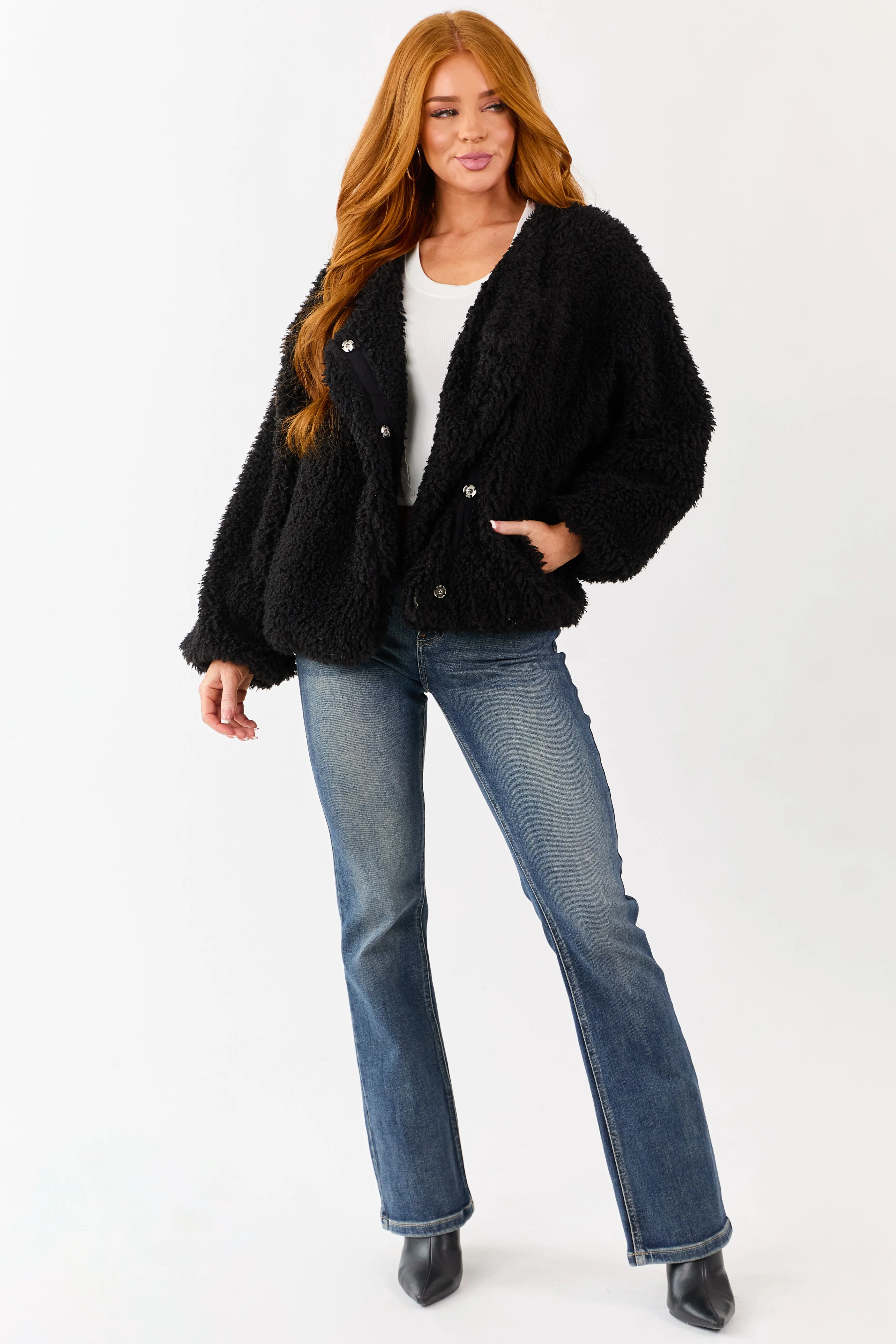 Black Soft Sherpa Snap Button Up Relaxed Jacket sold by Lime Lush product image thumbnail 2