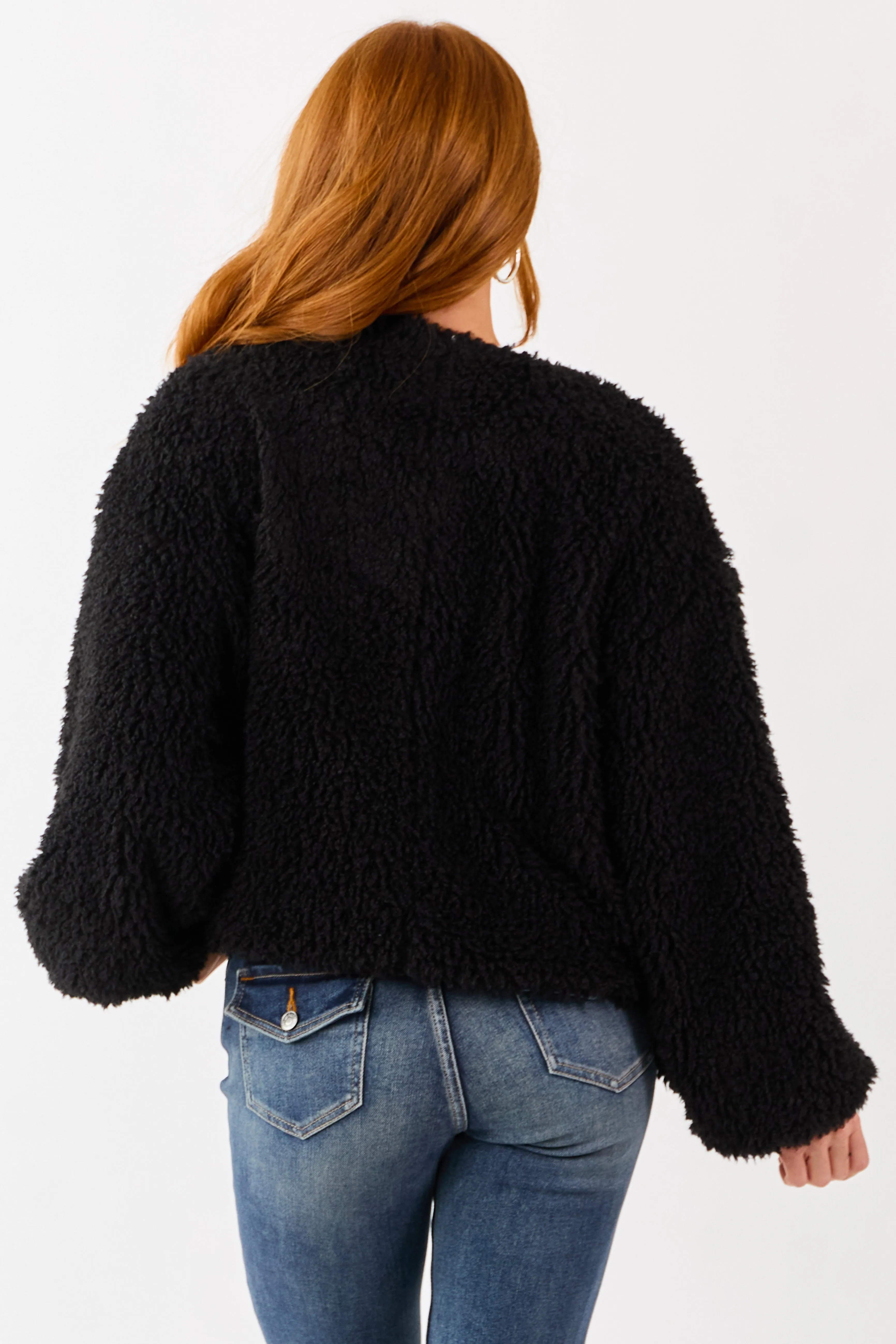 Black Soft Sherpa Snap Button Up Relaxed Jacket sold by Lime Lush product image thumbnail 5