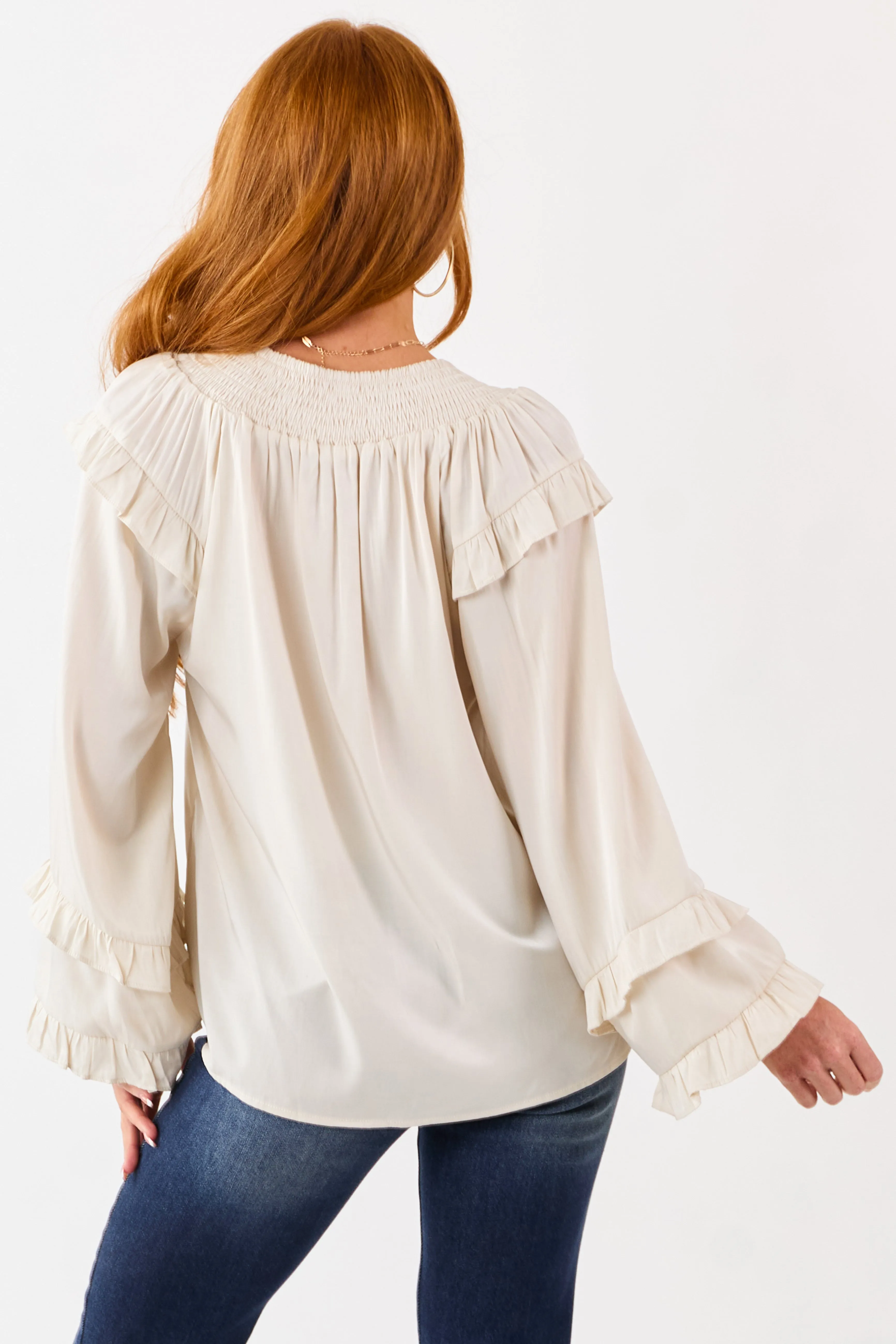 Coconut Smocked Neck Ruffle Accent Long Sleeve Top sold by Lime Lush product image thumbnail 5