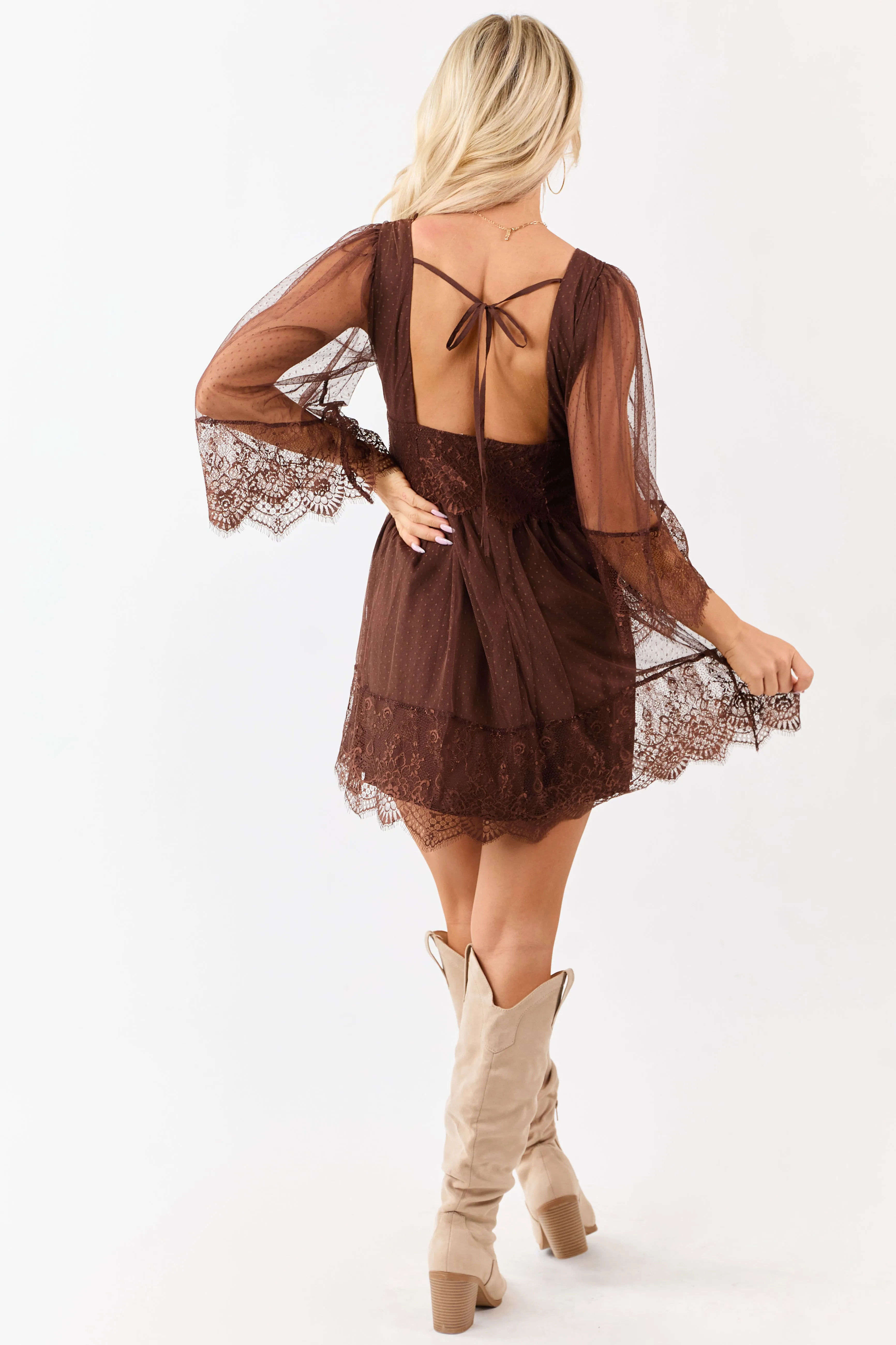 Cocoa Dotted Mesh Lace Trim Deep V Mini Dress sold by Lime Lush product image thumbnail 5