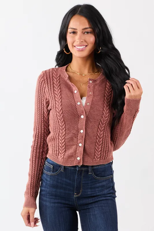 Washed Marsala Cable Knit Cotton Sweater Cardigan sold by Lime Lush
