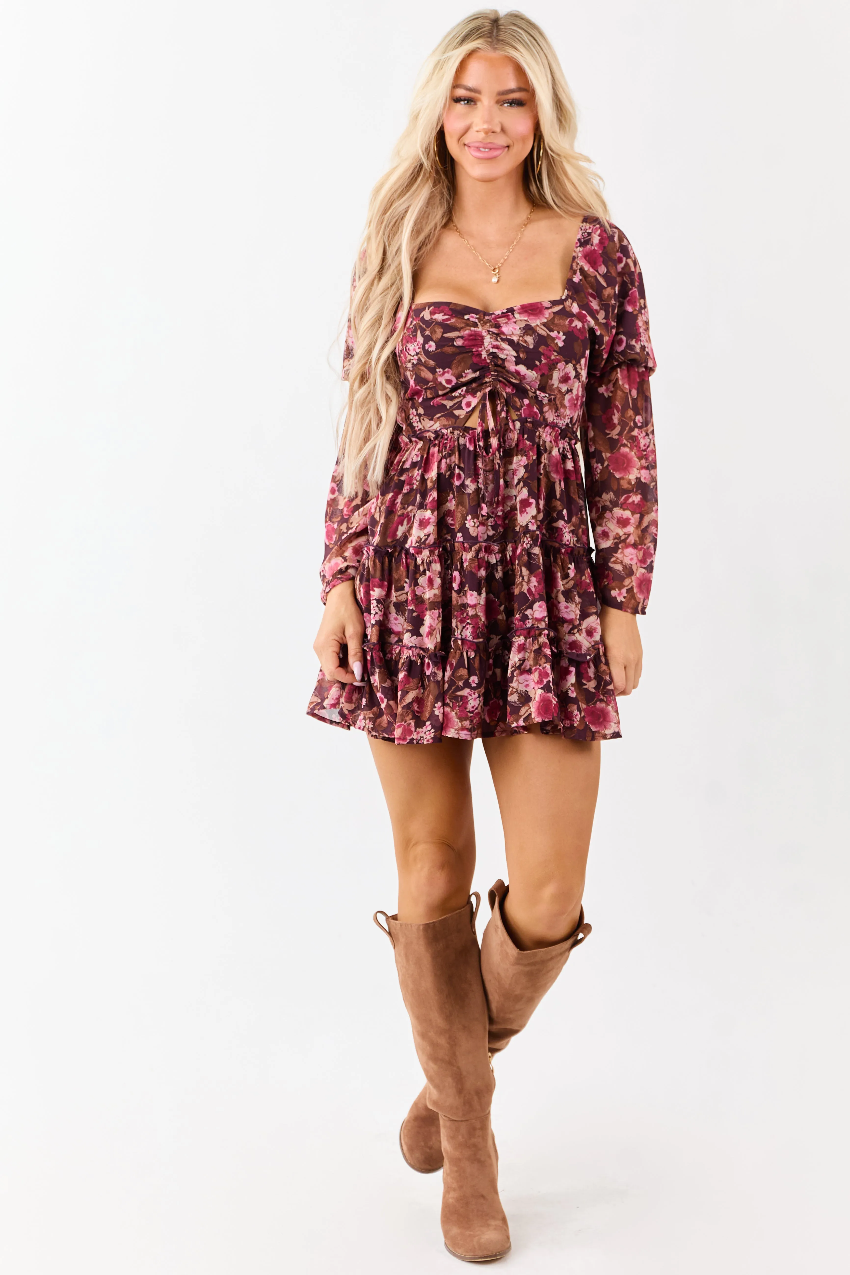 Chocolate Floral Print Tiered Long Sleeve Mini Dress sold by Lime Lush