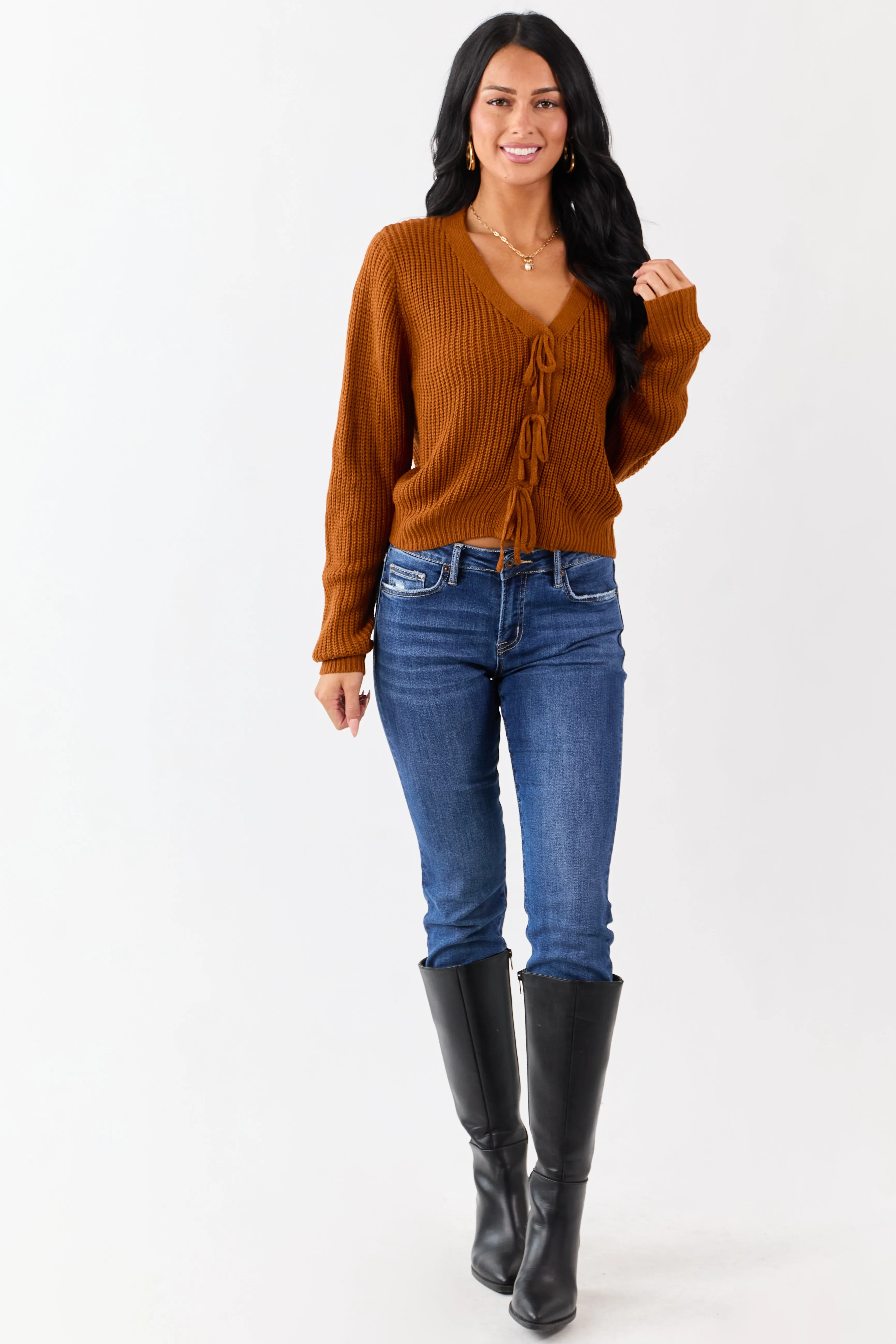 Rust Rib Knit Button Down Bow Sweater Cardigan sold by Lime Lush product image thumbnail 2
