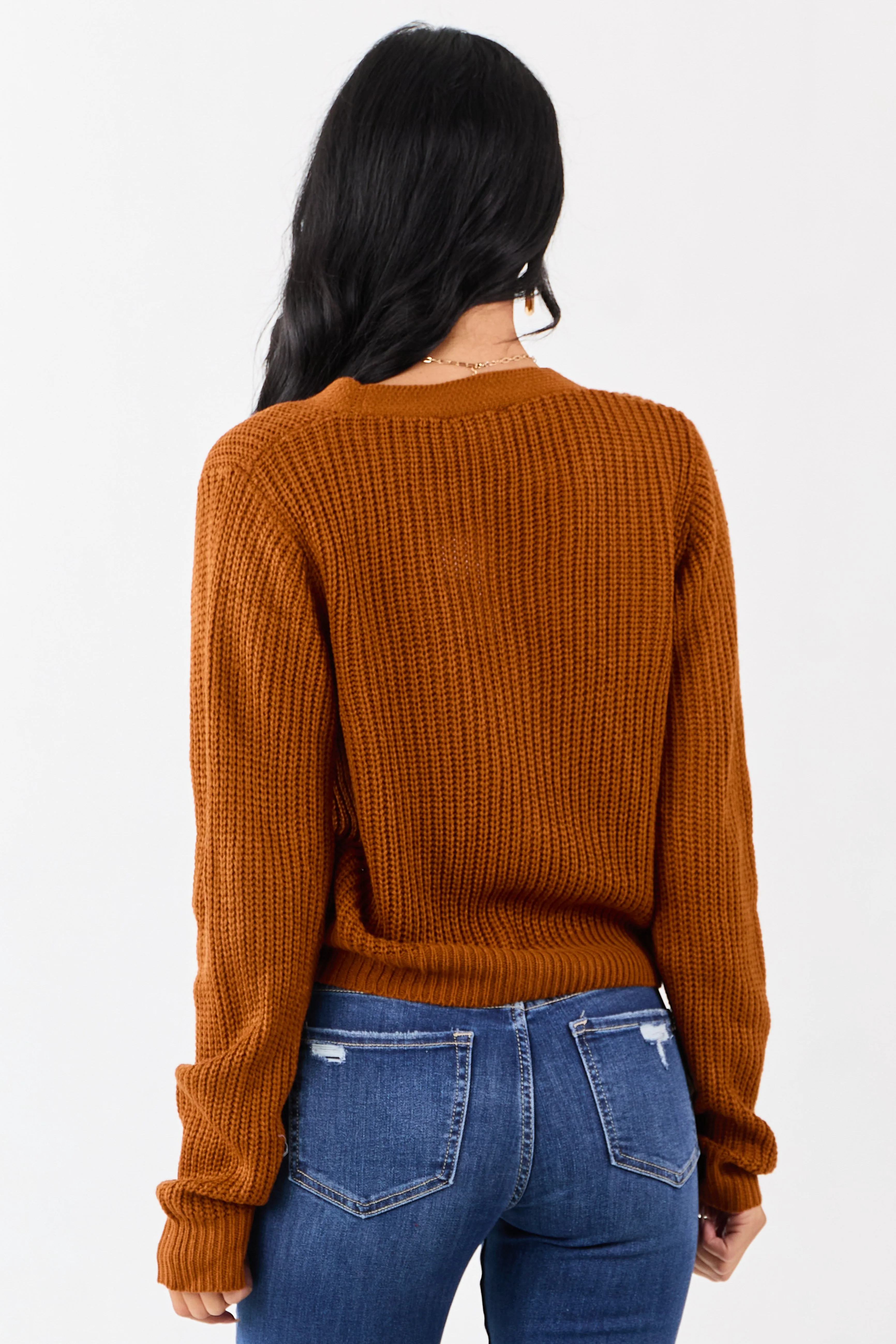 Rust Rib Knit Button Down Bow Sweater Cardigan sold by Lime Lush product image thumbnail 5