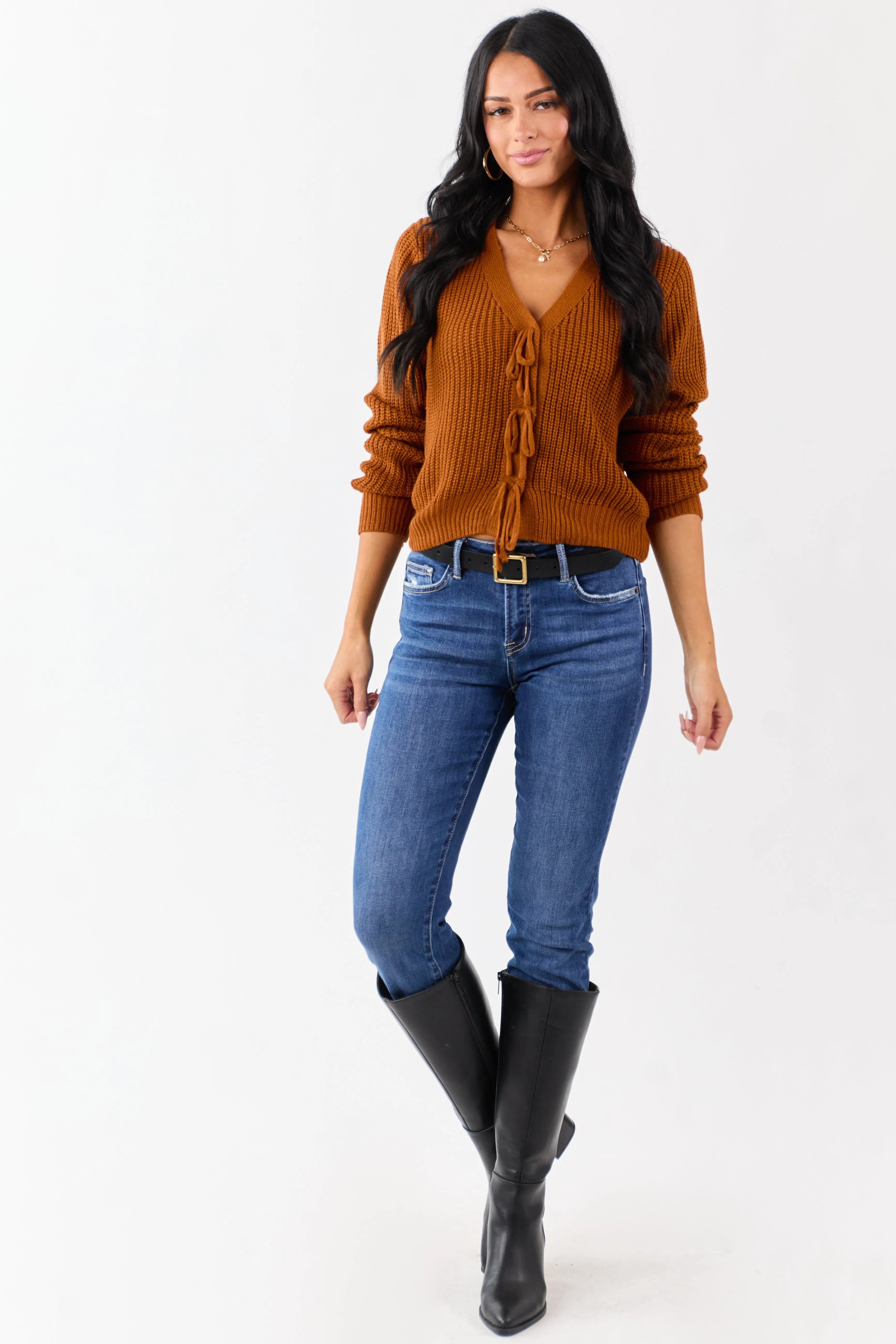 Rust Rib Knit Button Down Bow Sweater Cardigan sold by Lime Lush product image thumbnail 3