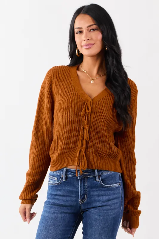 Rust Rib Knit Button Down Bow Sweater Cardigan made by privy