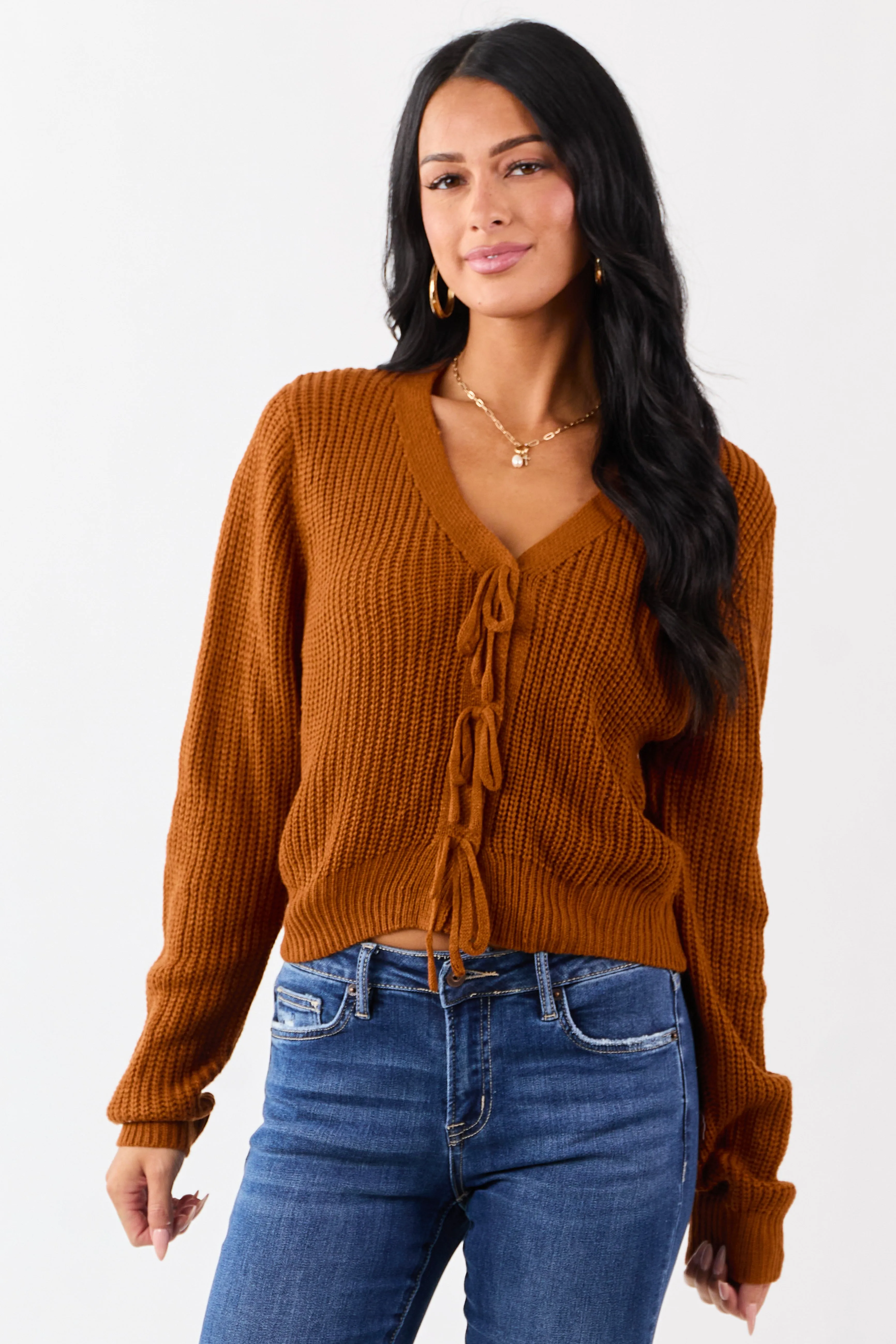 Rust Rib Knit Button Down Bow Sweater Cardigan sold by Lime Lush