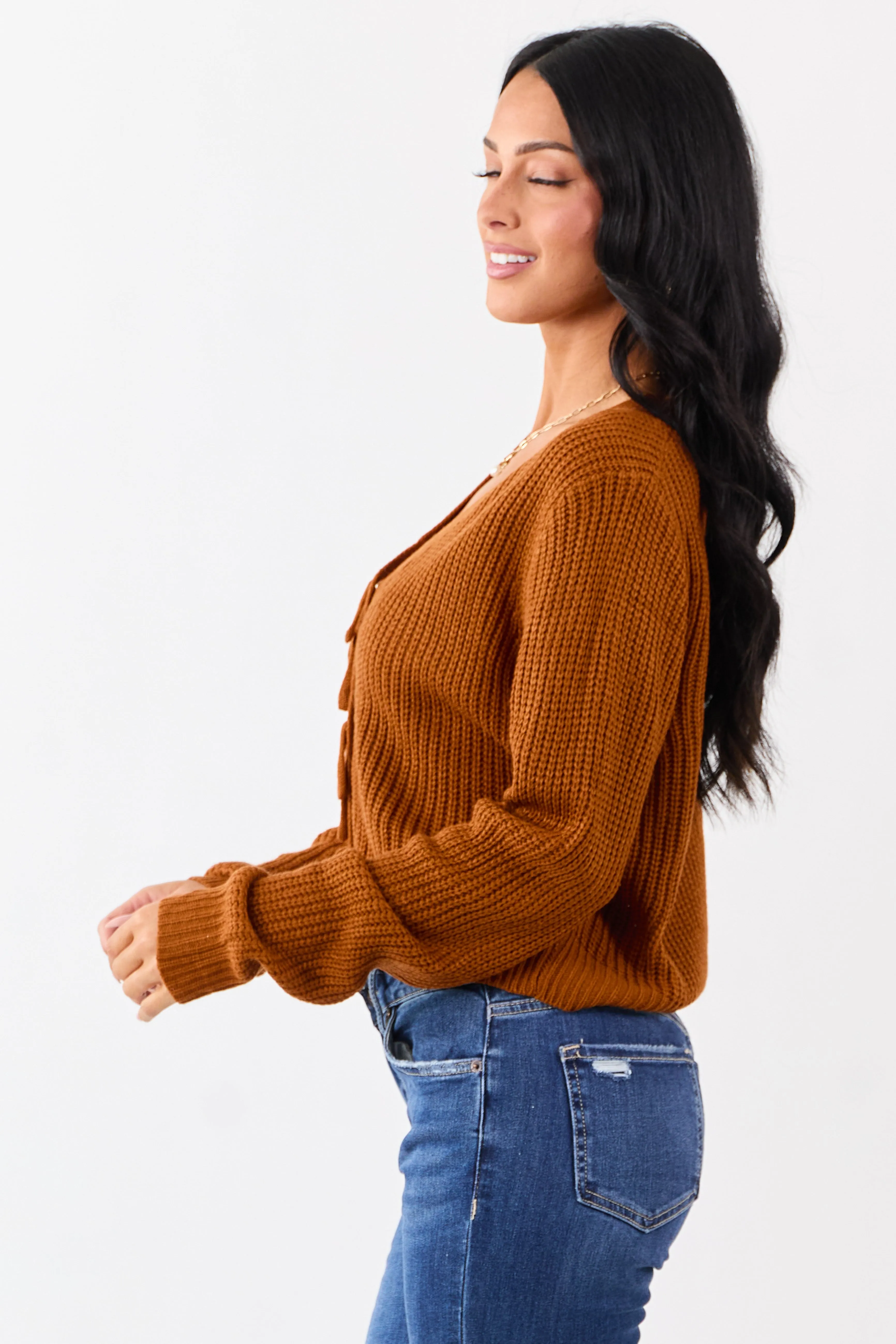 Rust Rib Knit Button Down Bow Sweater Cardigan sold by Lime Lush product image thumbnail 4