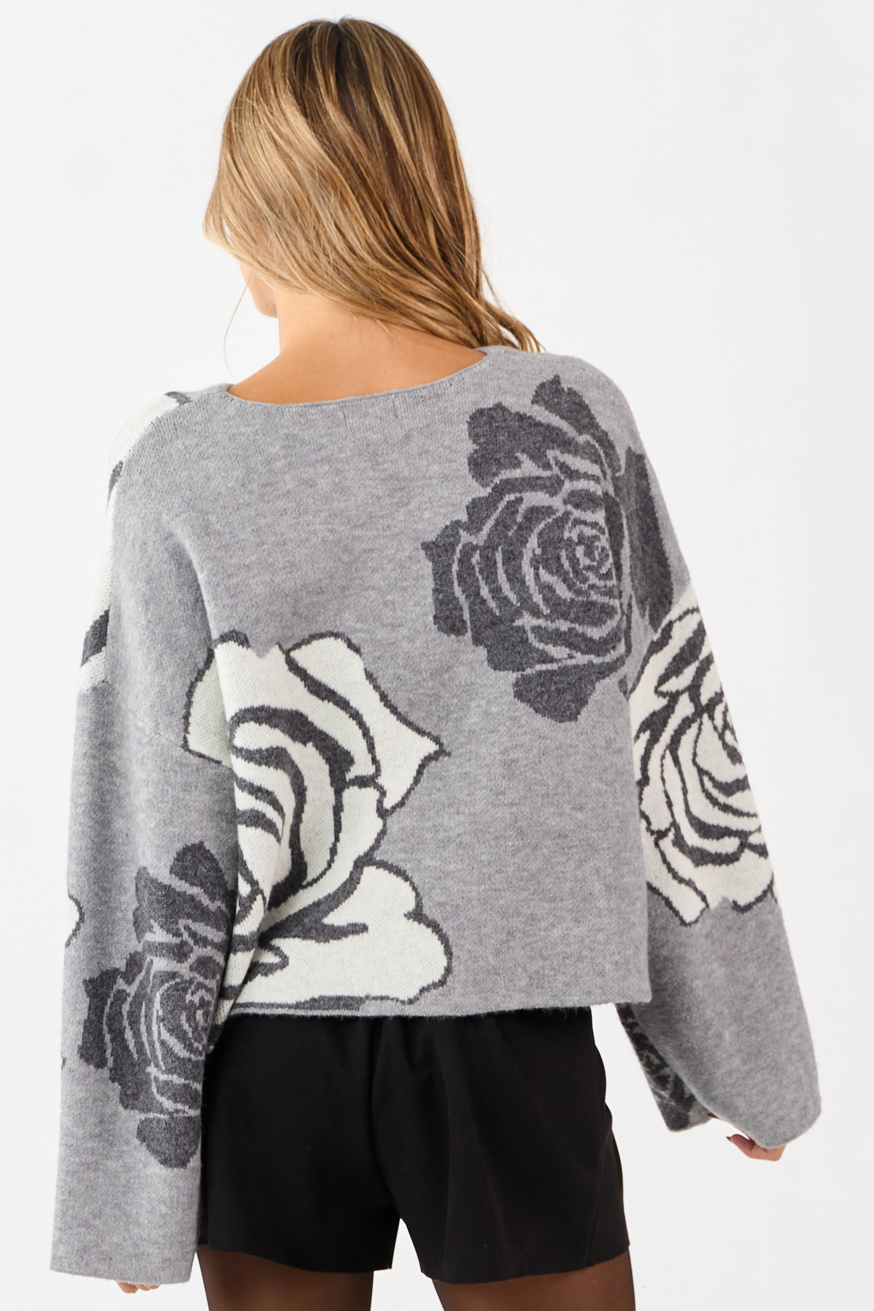 Dove Grey Rose Jacquard Knit Wide Sleeve Sweater sold by Lime Lush product image thumbnail 5