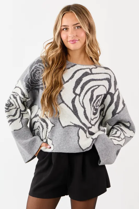 Dove Grey Rose Jacquard Knit Wide Sleeve Sweater sold by Lime Lush
