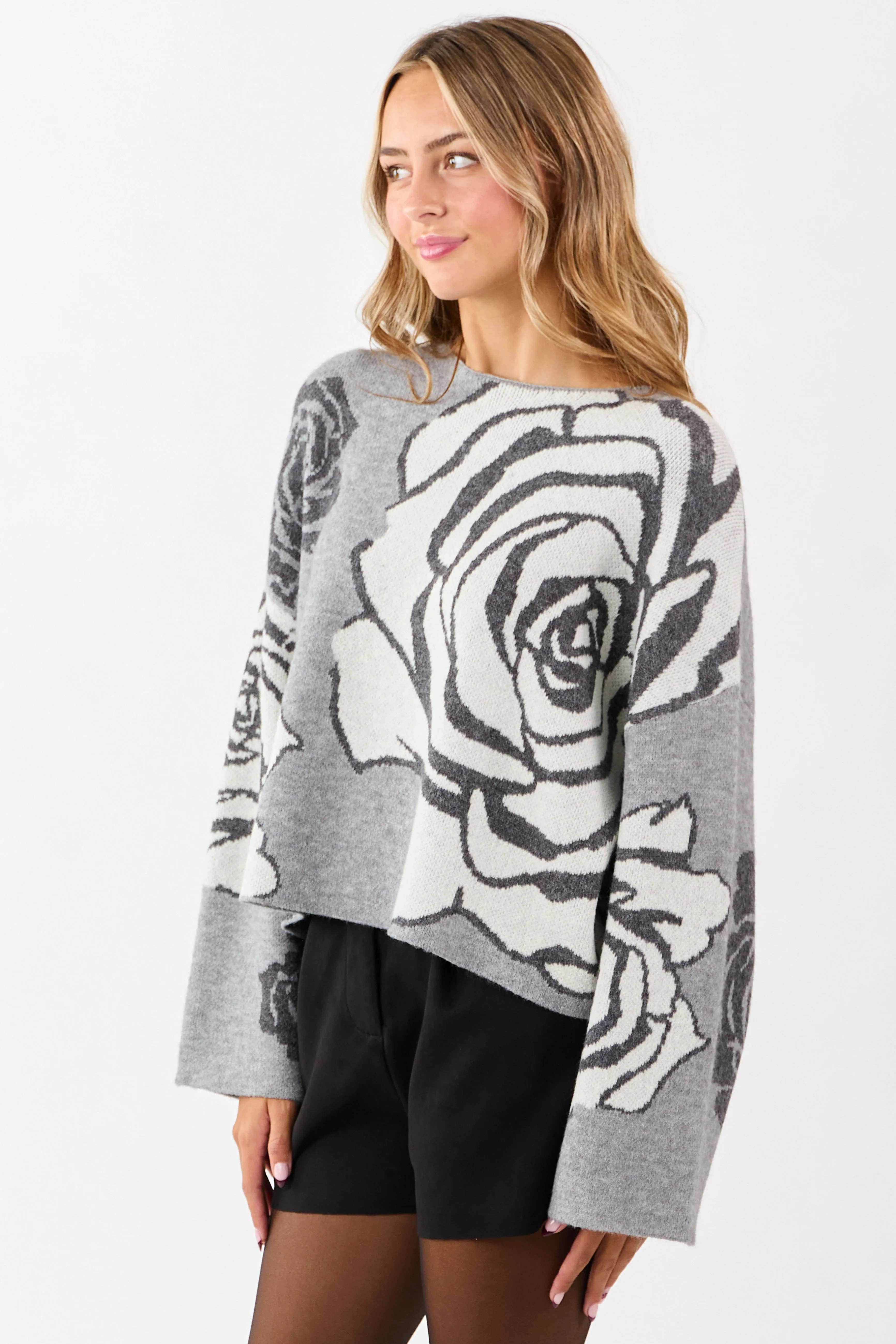 Dove Grey Rose Jacquard Knit Wide Sleeve Sweater sold by Lime Lush product image thumbnail 4