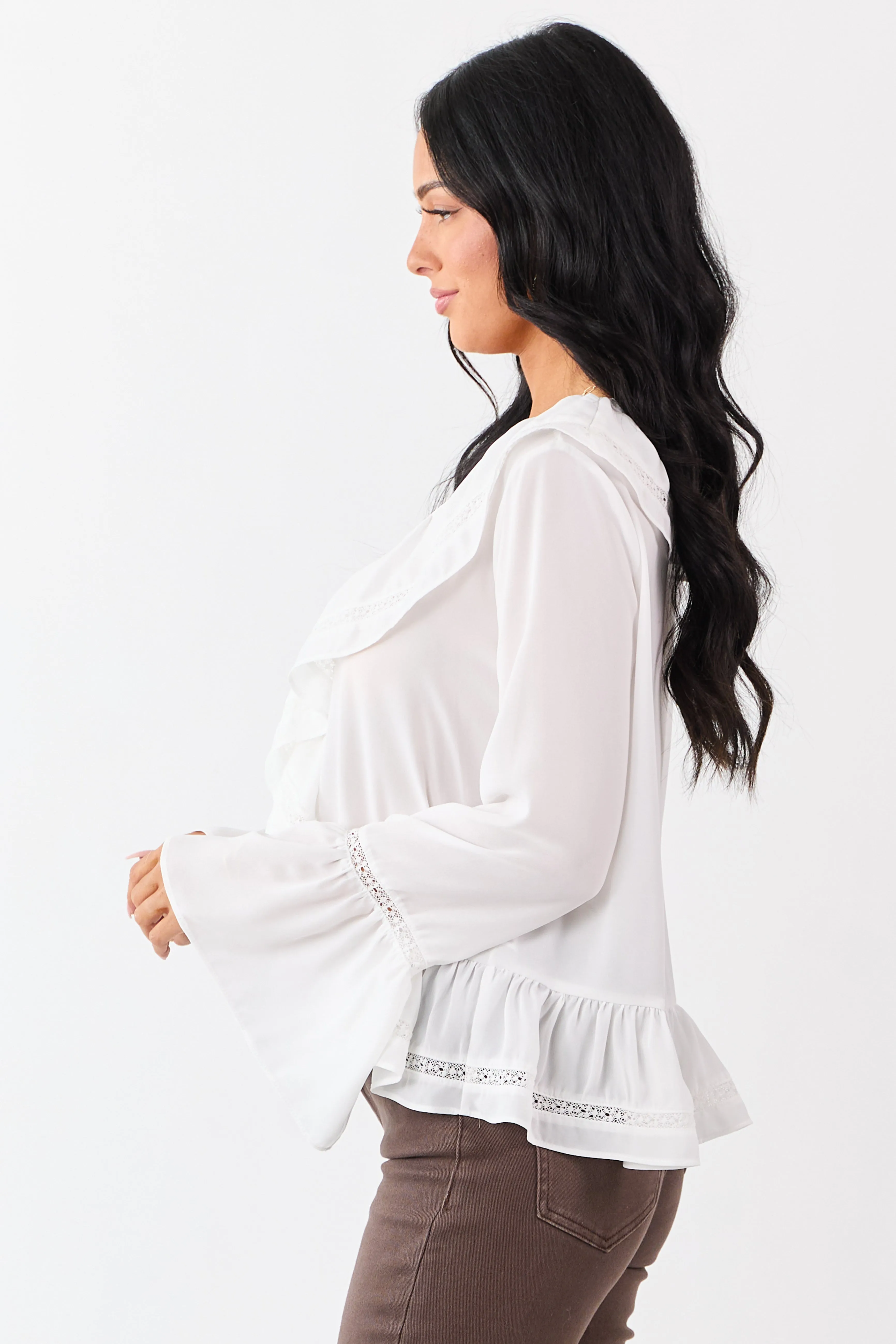 Ivory Trumpet Sleeve Ruffled Lace Trim Boho Blouse sold by Lime Lush product image thumbnail 4