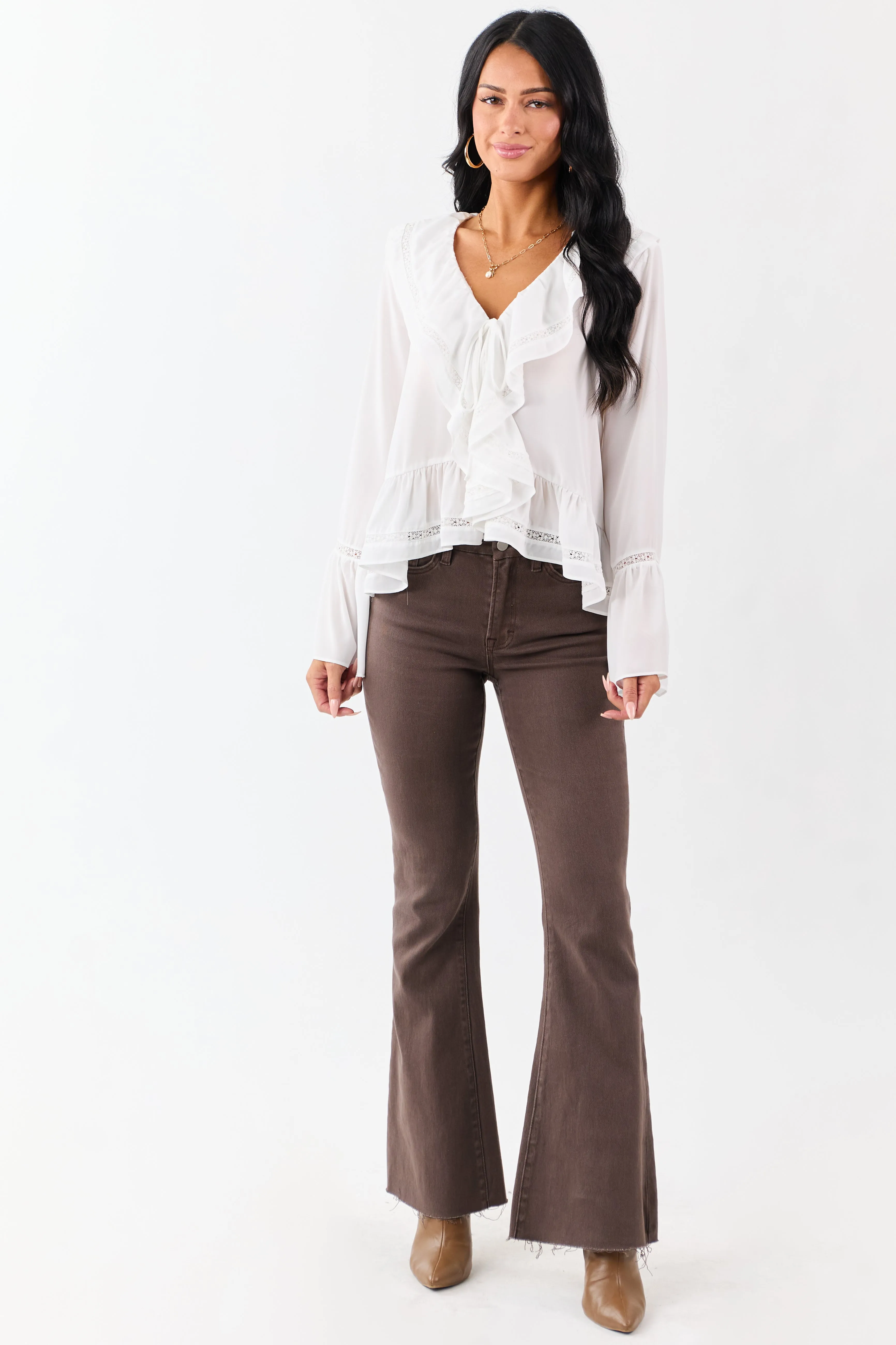 Ivory Trumpet Sleeve Ruffled Lace Trim Boho Blouse sold by Lime Lush product image thumbnail 2