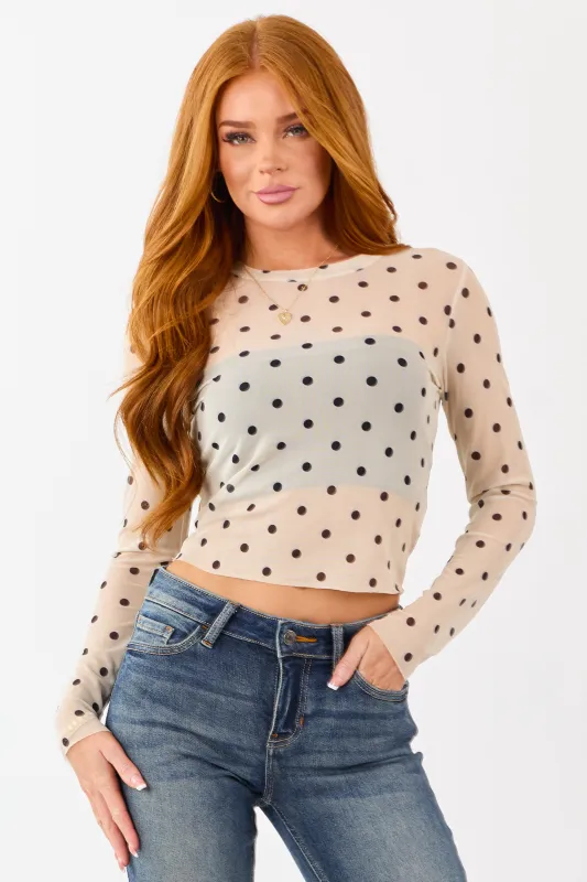 Sand and Black Polka Dot Mesh Long Sleeve Top sold by Lime Lush