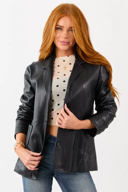 Black Collared Button Down Faux Leather Blazer sold by Lime Lush