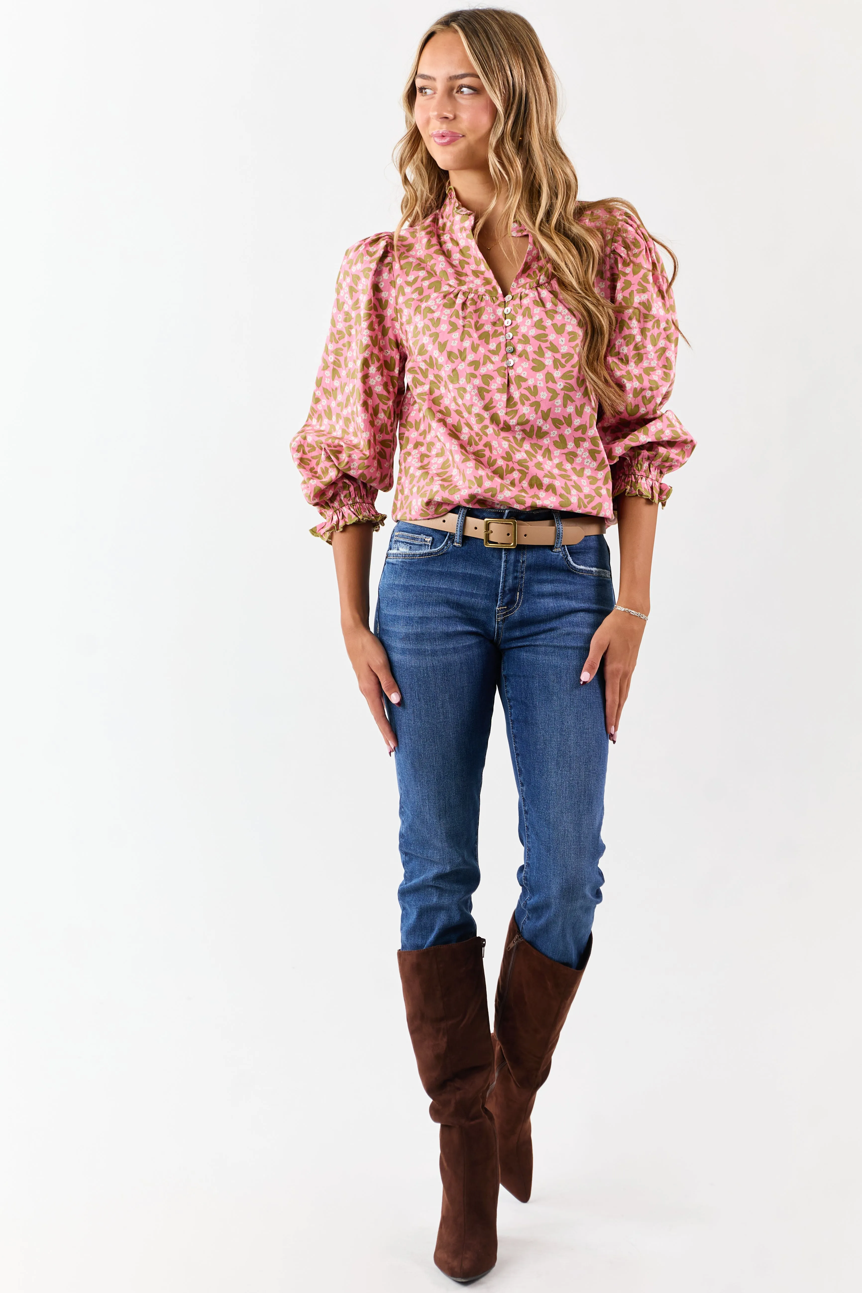 Bubblegum Cotton Floral Ruffle Trim Long Sleeve Top sold by Lime Lush product image thumbnail 2
